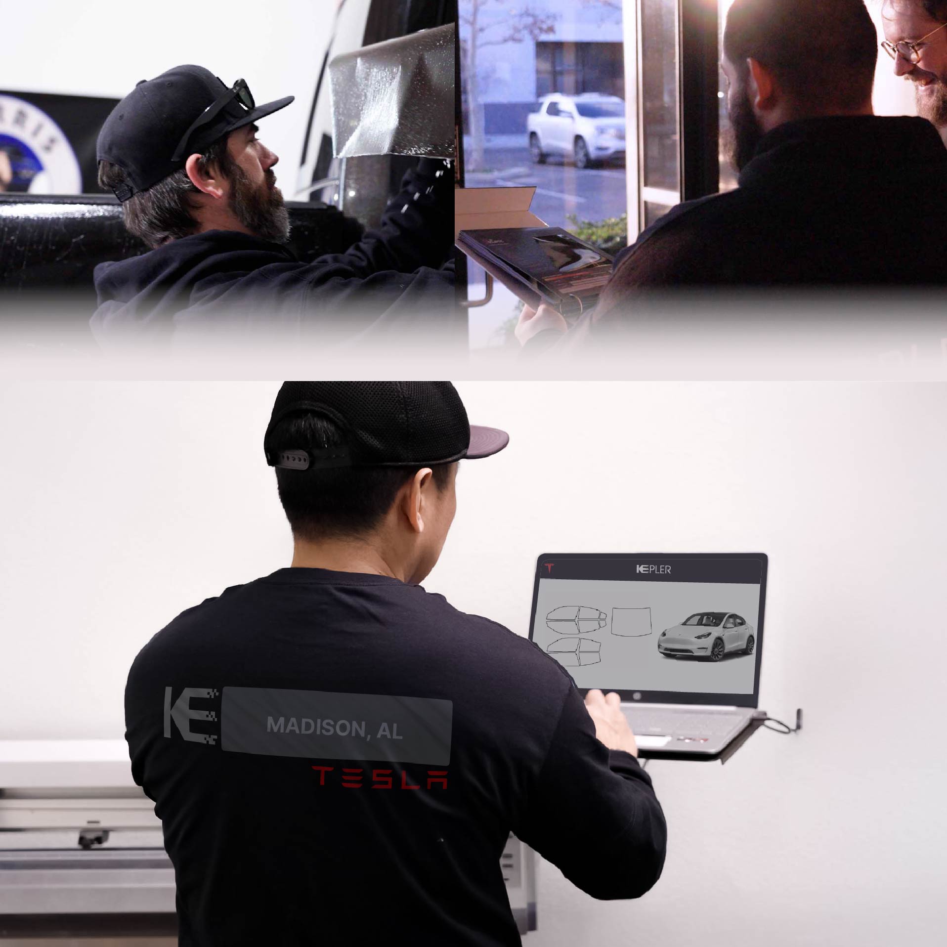 Expert Technician Fitting High-tech Window Tint to Tesla in Madison