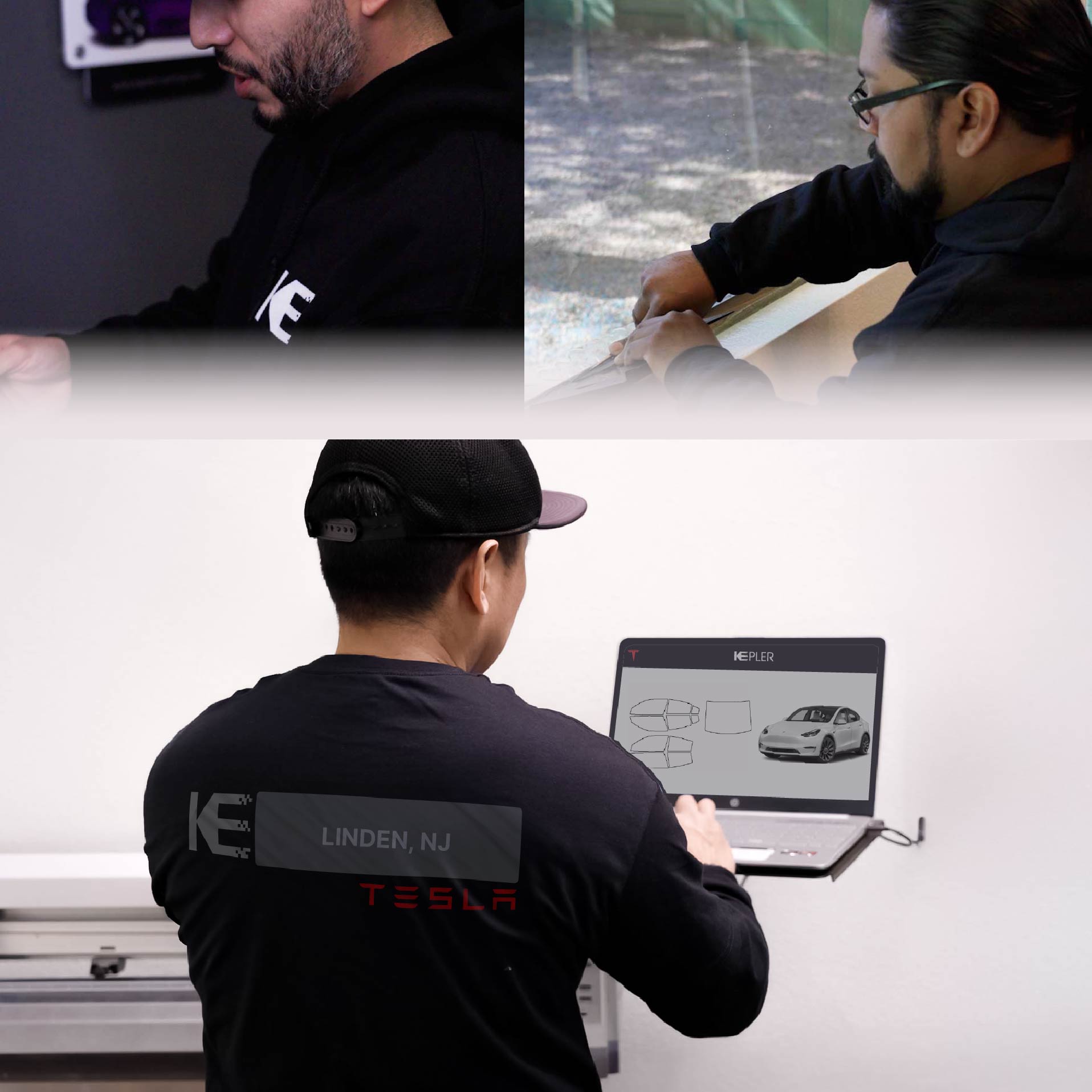 Kepler Technician Installing Ceramic Window Tint to Tesla in Linden