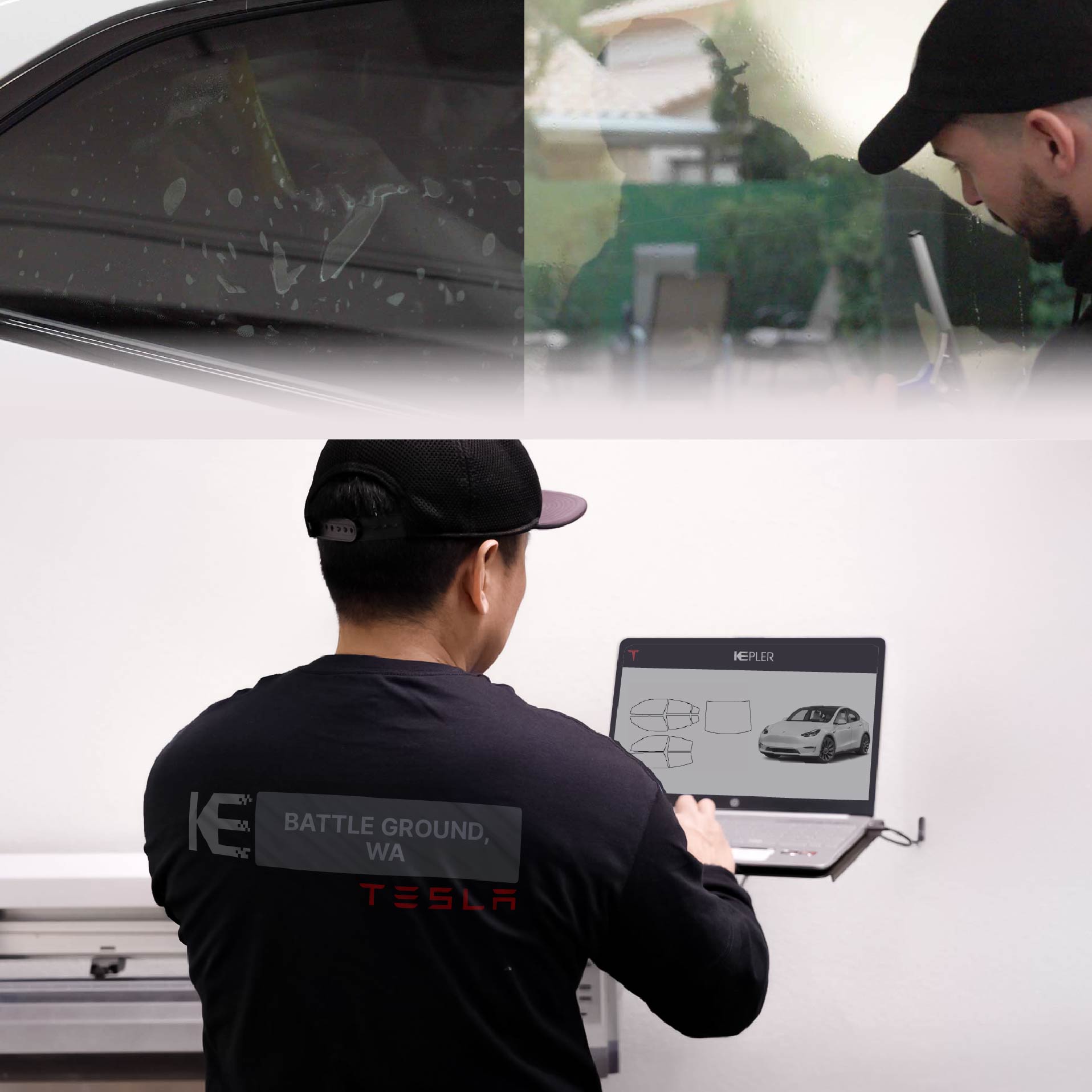 Kepler Technician Fitting Advanced Window Tint to Tesla in Battle Ground