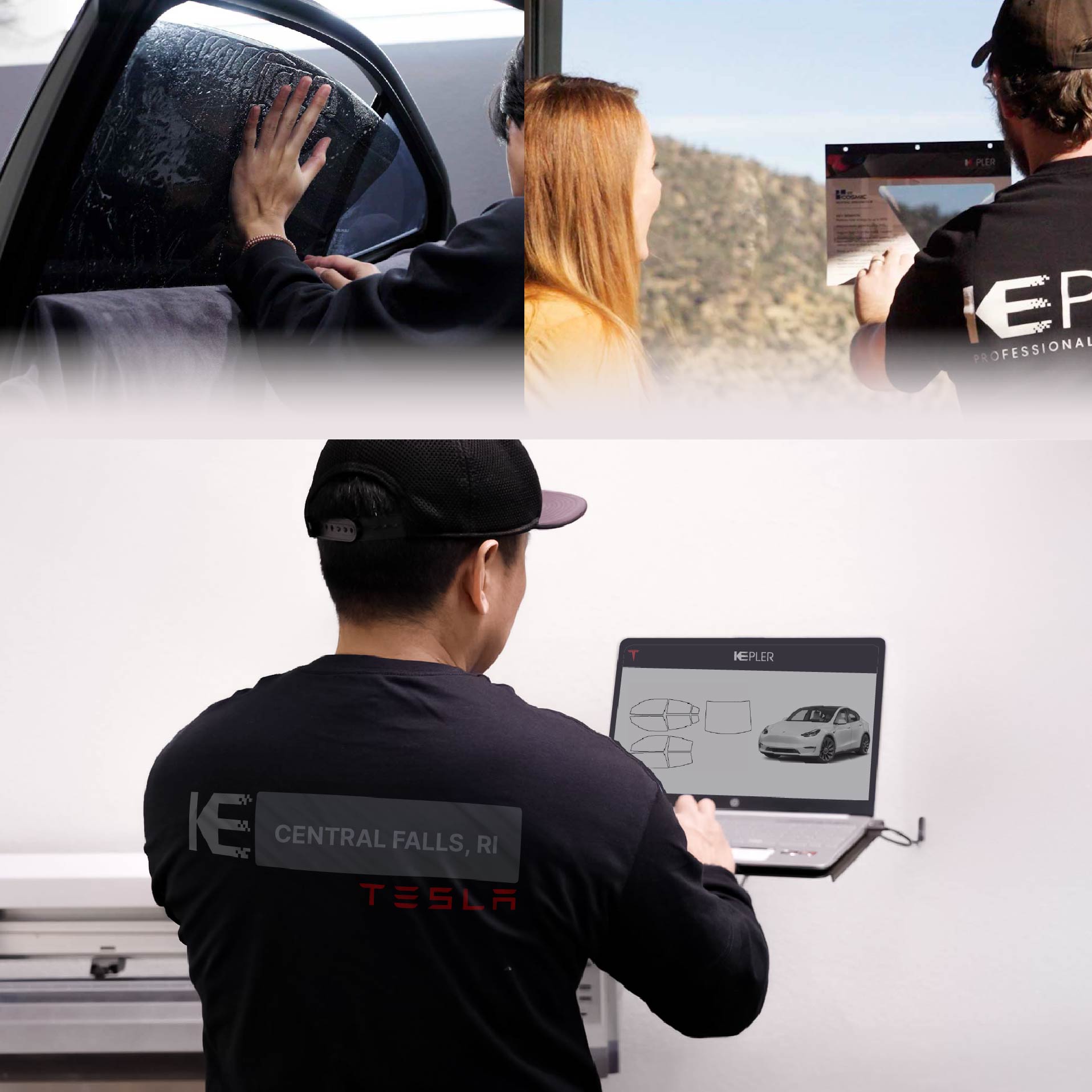 Expert Technician Installing Ceramic Window Tint to Tesla in Central Falls