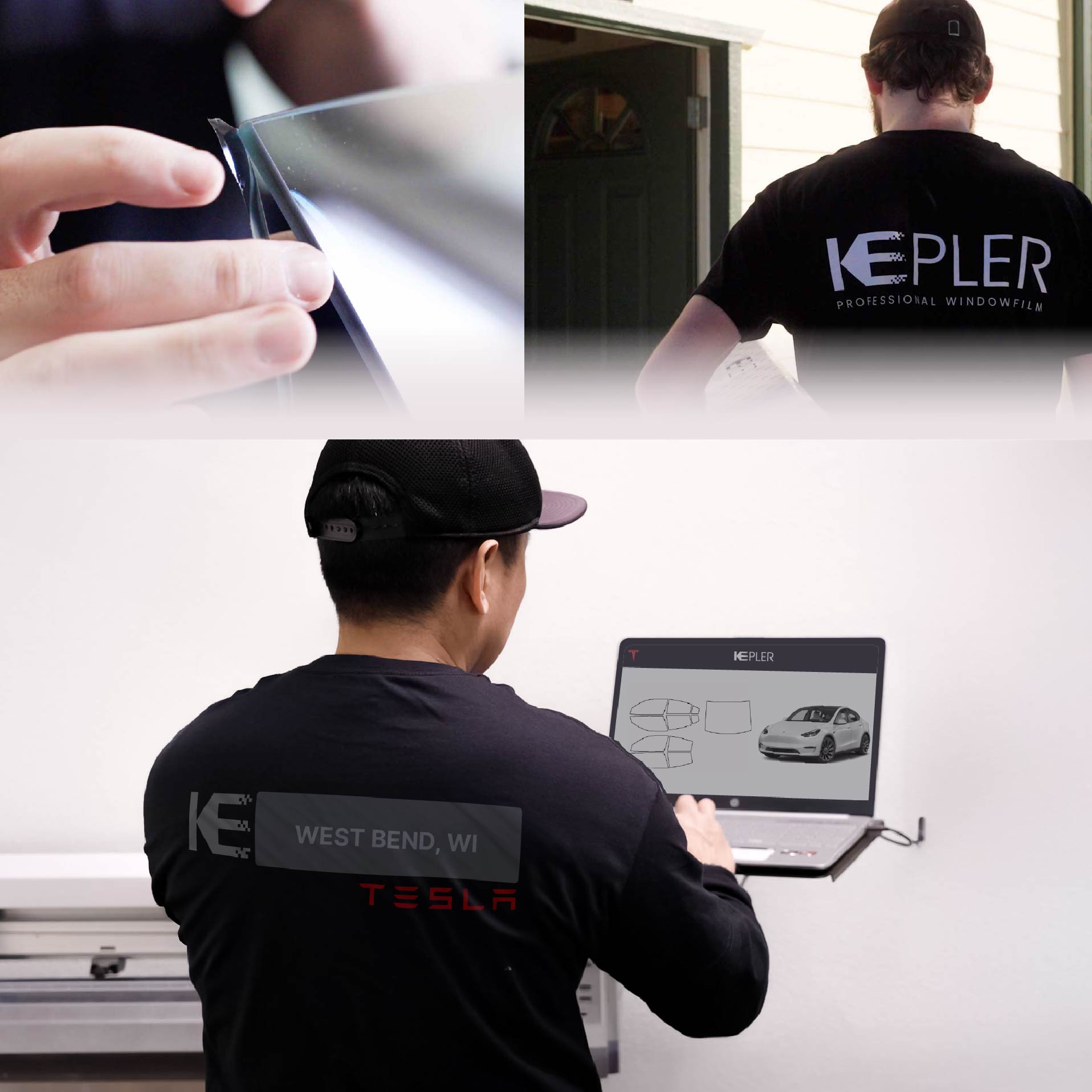Expert Technician Fitting Advanced Window Tint to Tesla in West Bend