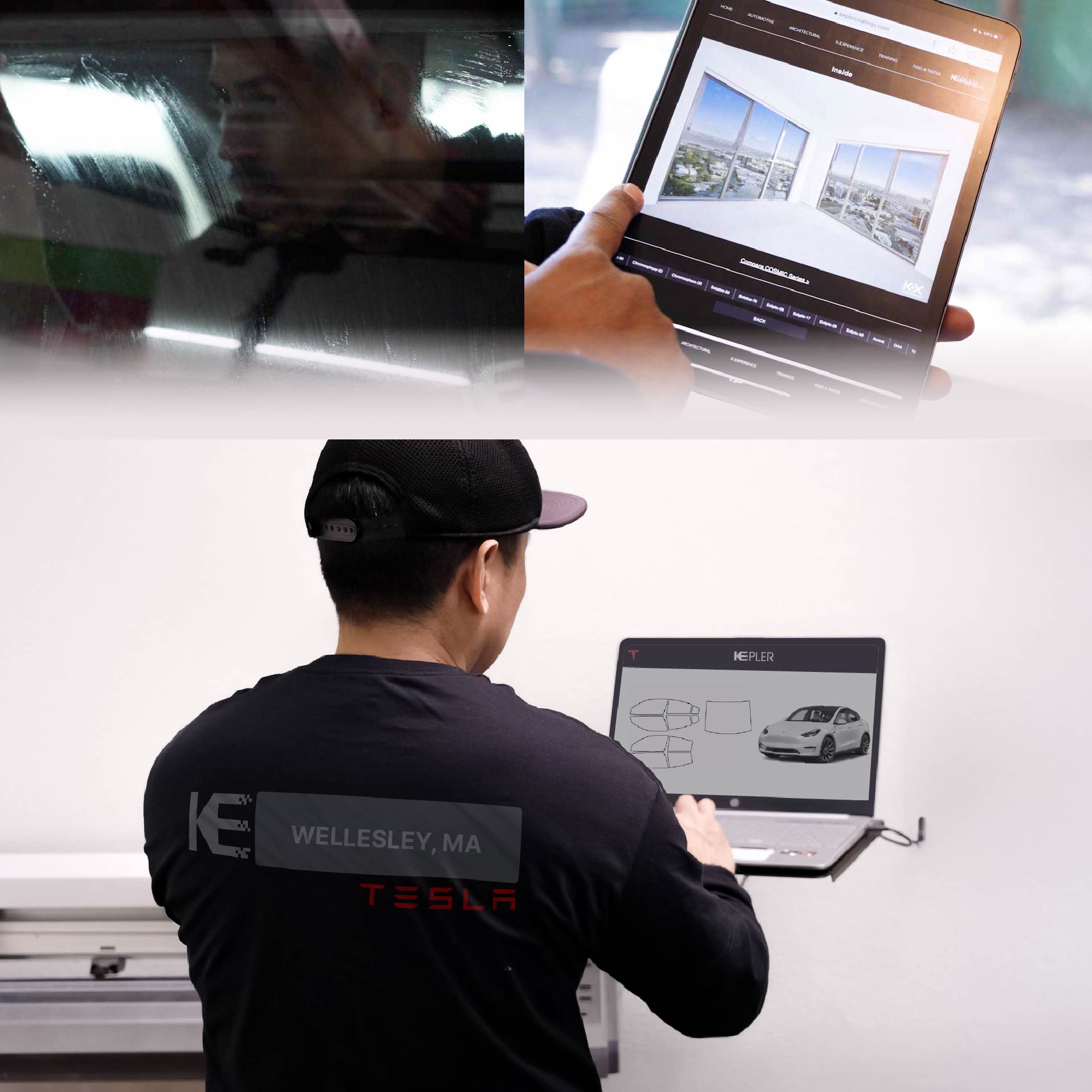 Expert Technician Applying High-tech Window Tint to Tesla in Wellesley
