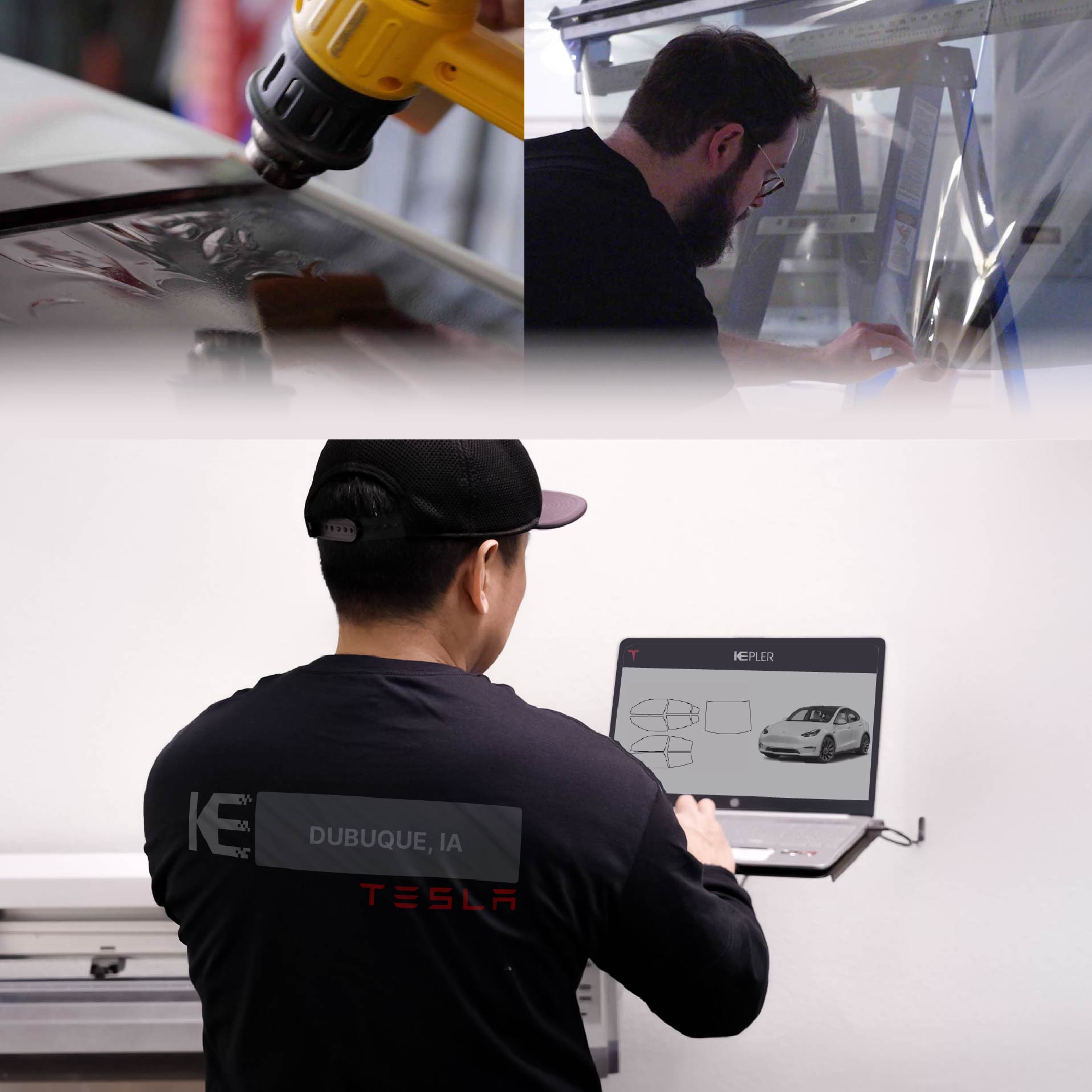 Expert Technician Applying Ceramic Window Tint to Tesla in Dubuque