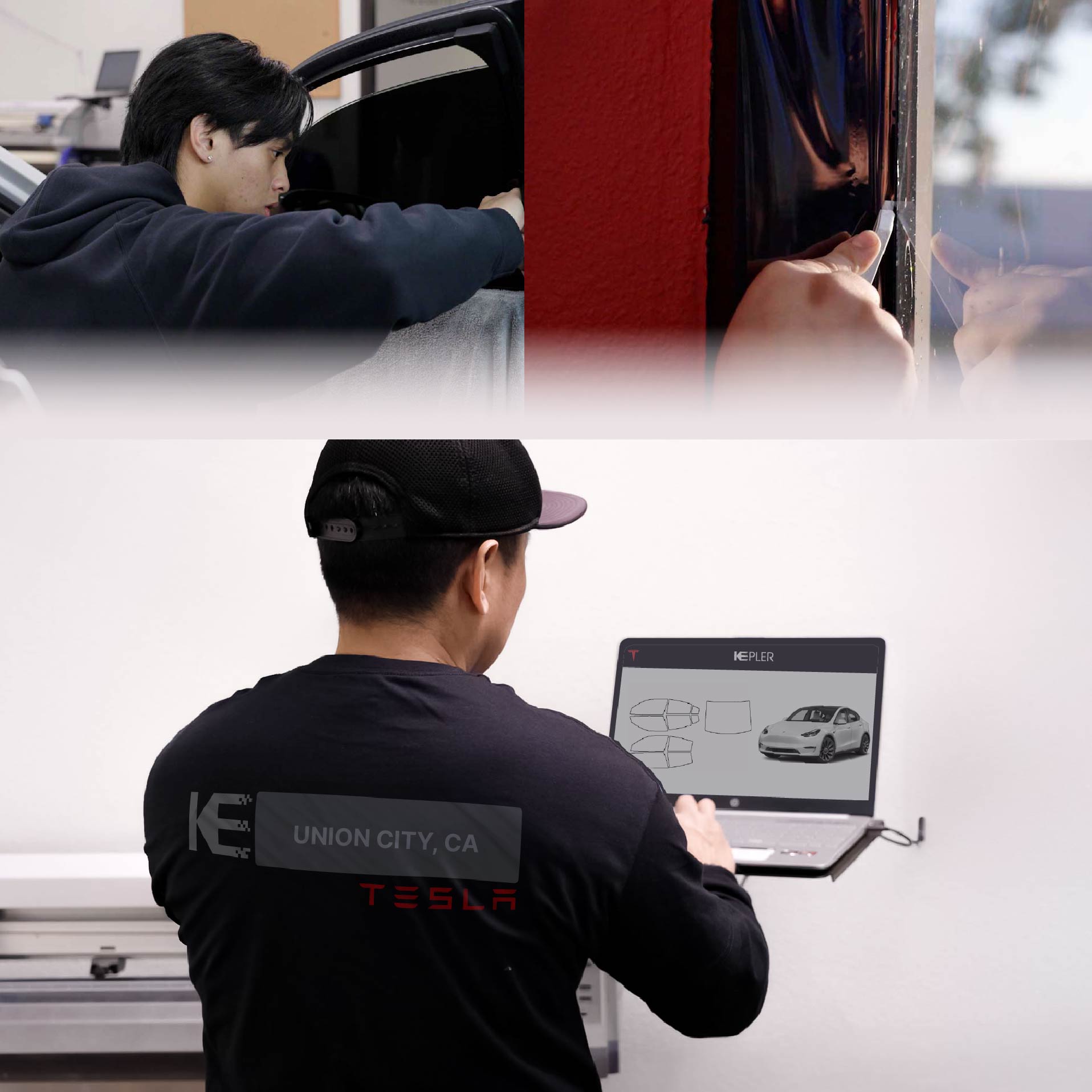 Expert Technician Applying High-tech Window Tint to Tesla in Union City