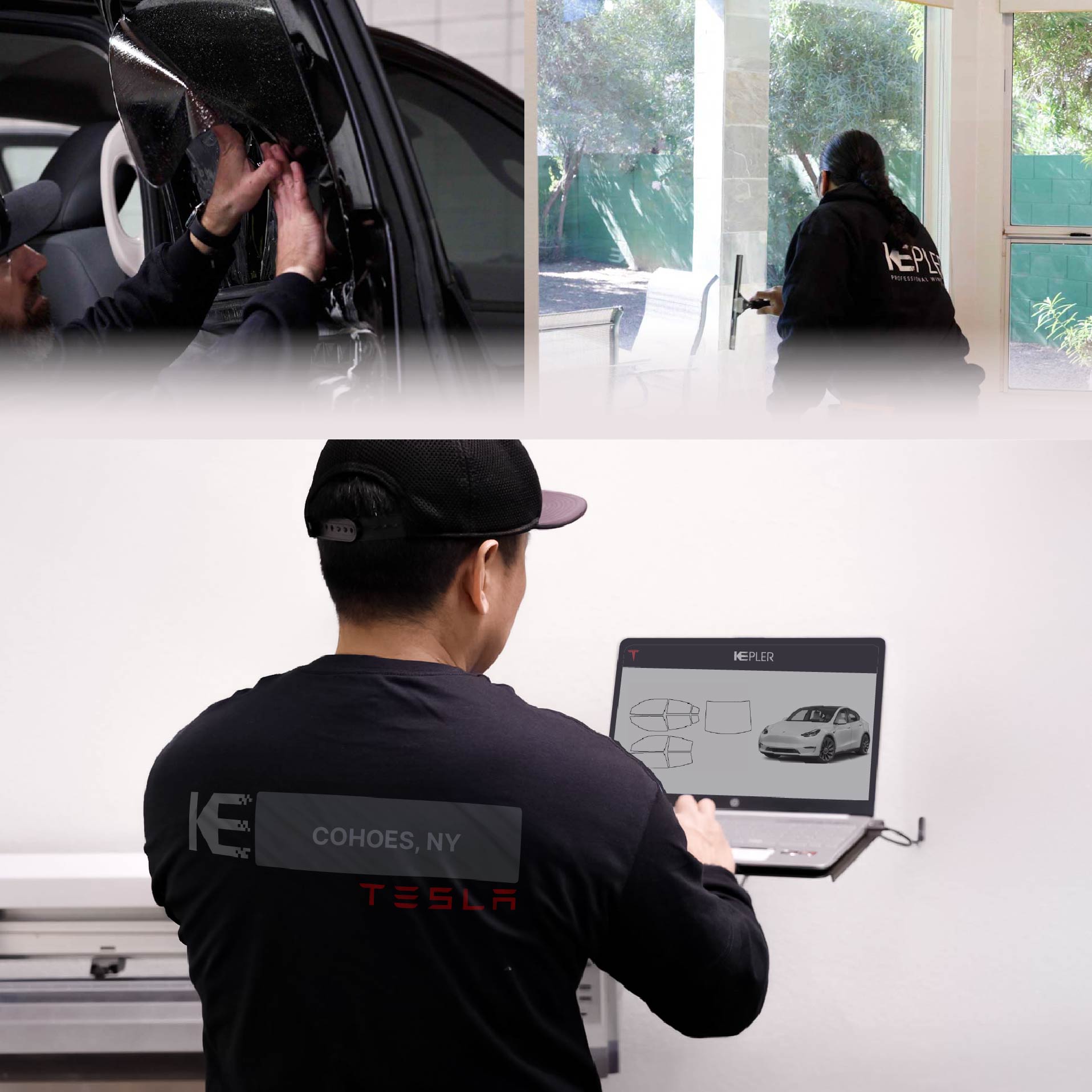 Expert Technician Applying Advanced Window Tint to Tesla in Cohoes
