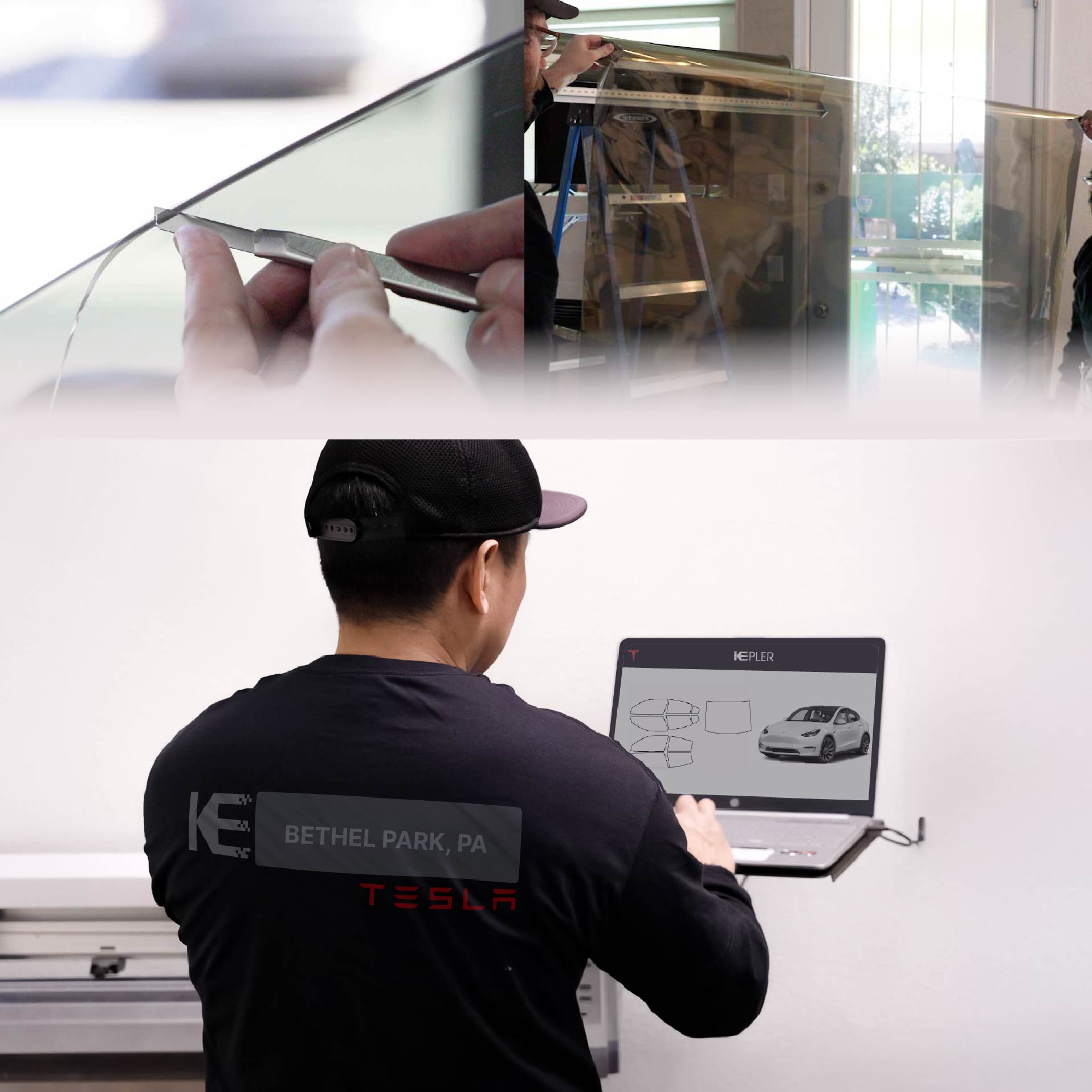 Kepler Technician Fitting Ceramic Window Tint to Tesla in Bethel Park