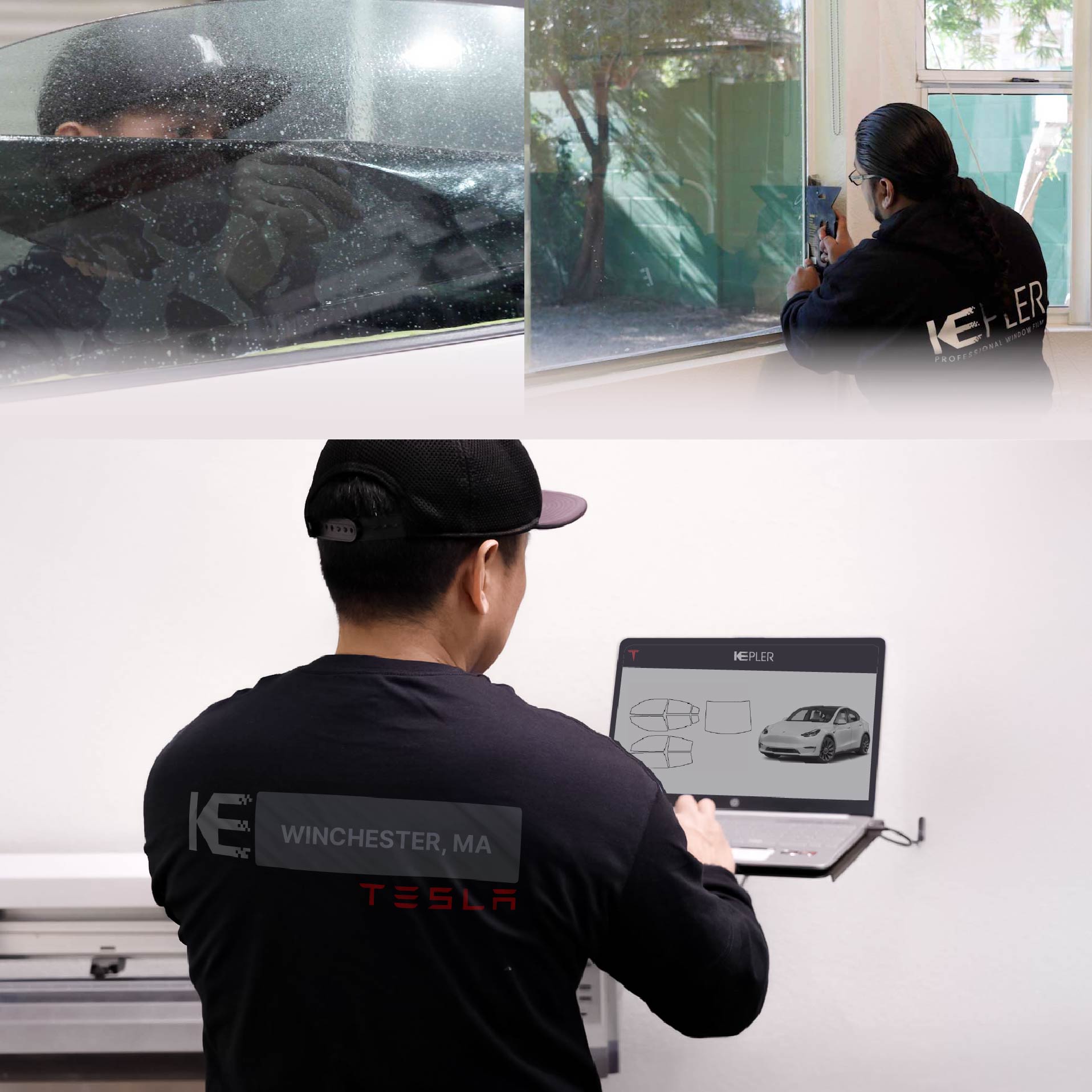 Expert Technician Installing Ceramic Window Tint to Tesla in Winchester