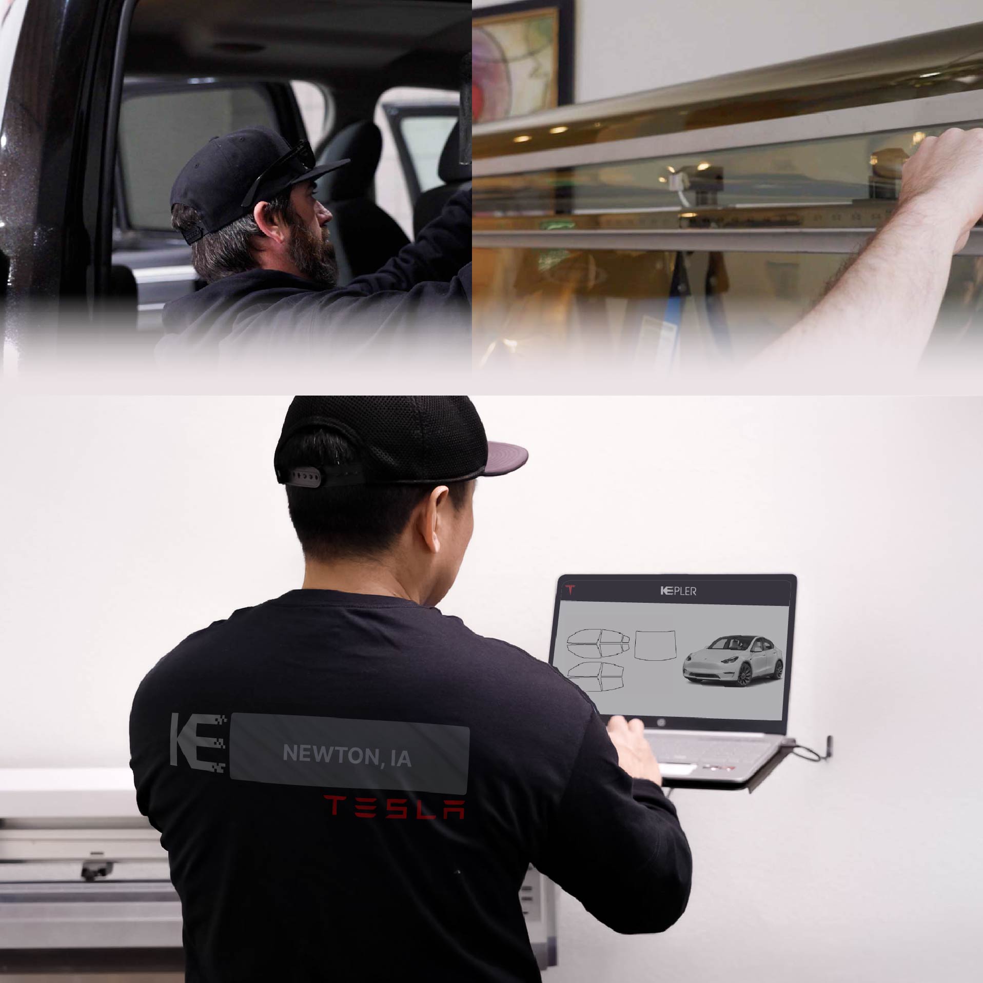 Expert Technician Installing Ceramic Window Tint to Tesla in Newton