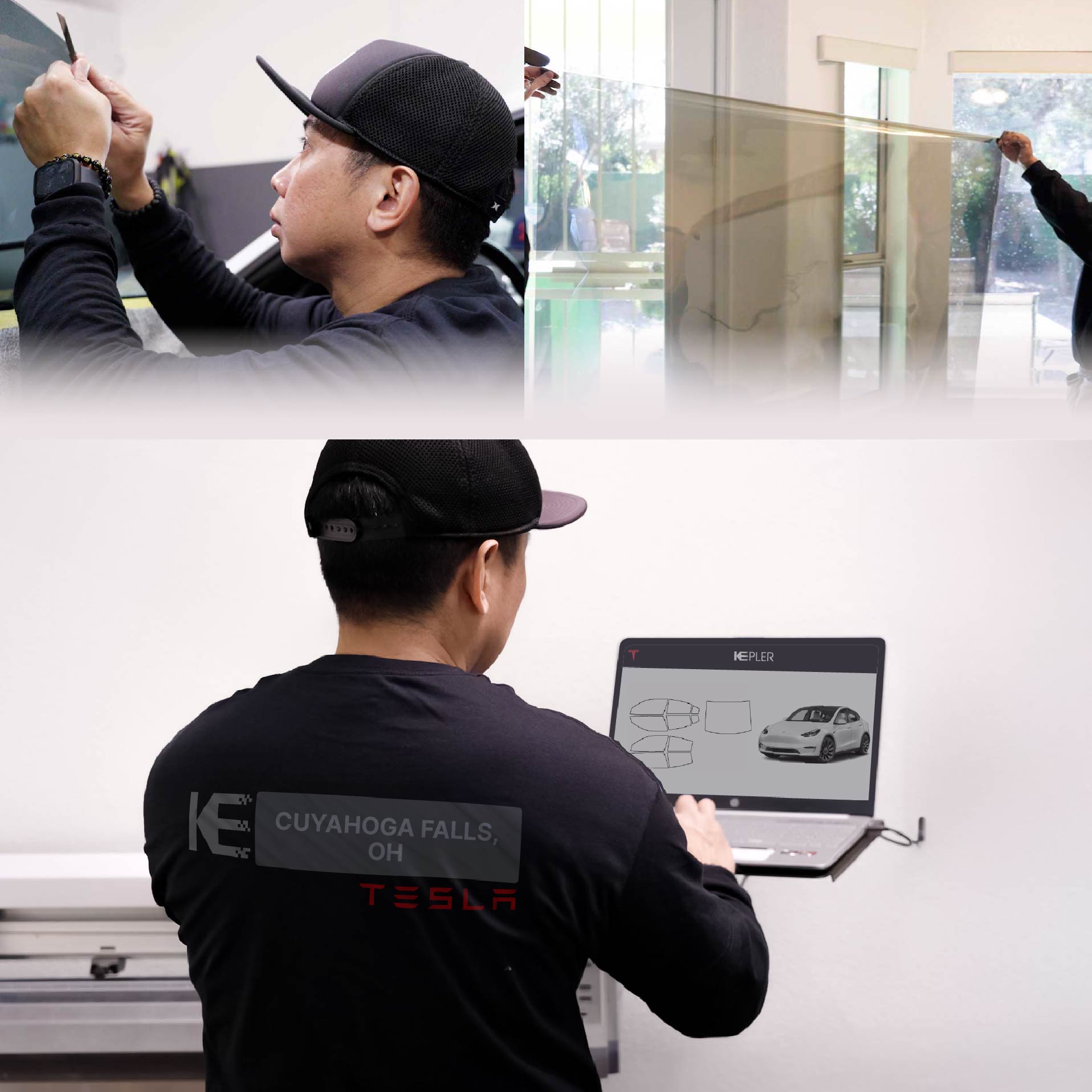 Expert Technician Fitting High-tech Window Tint to Tesla in Cuyahoga Falls