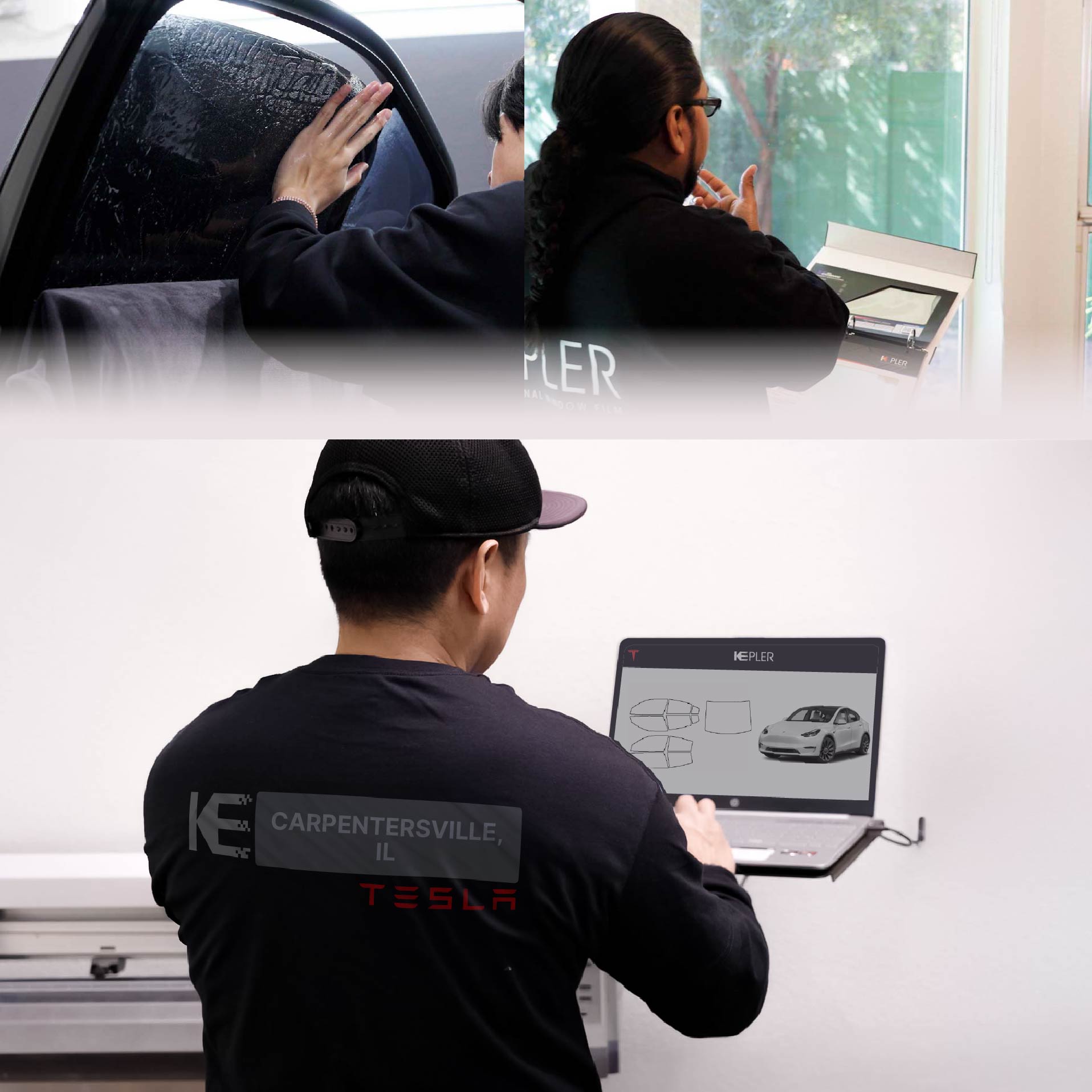 Kepler Technician Applying High-tech Window Tint to Tesla in Carpentersville