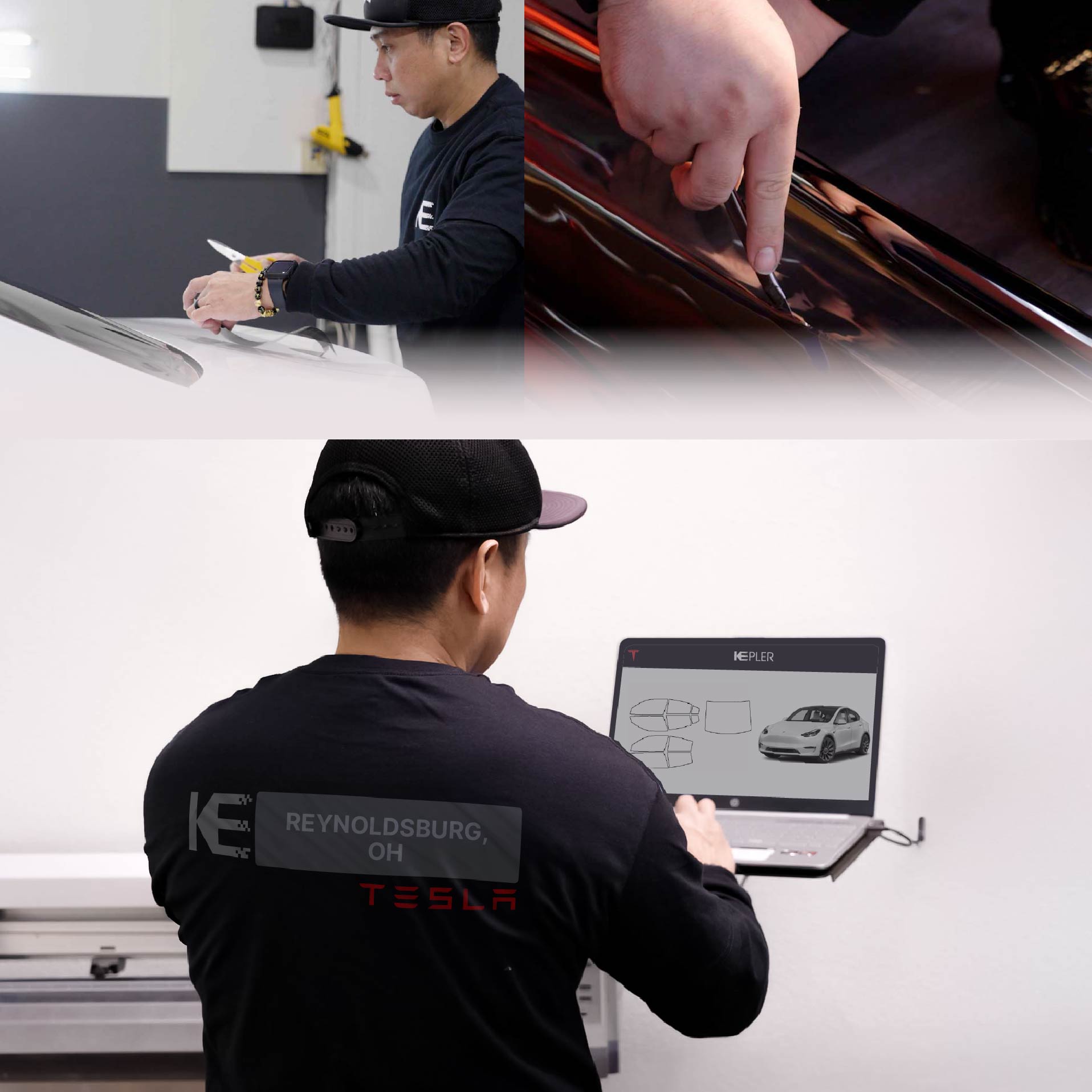 Kepler Technician Installing Ceramic Window Tint to Tesla in Reynoldsburg