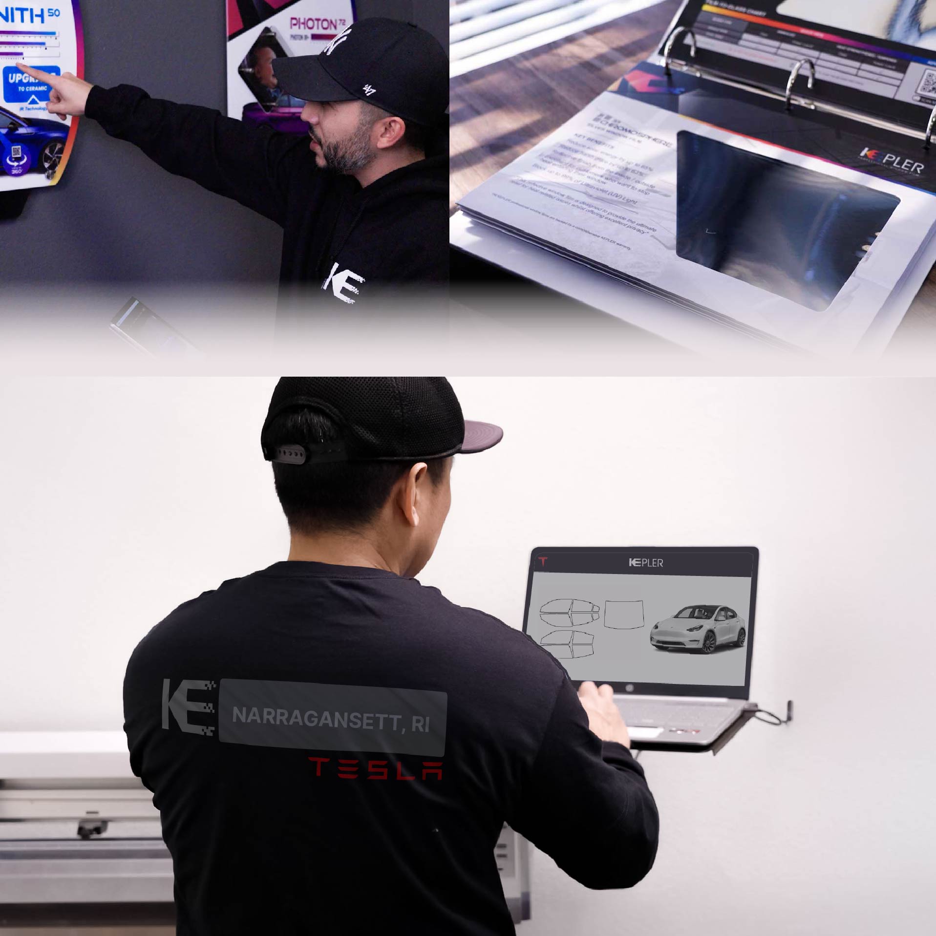 Expert Technician Fitting Advanced Window Tint to Tesla in Narragansett