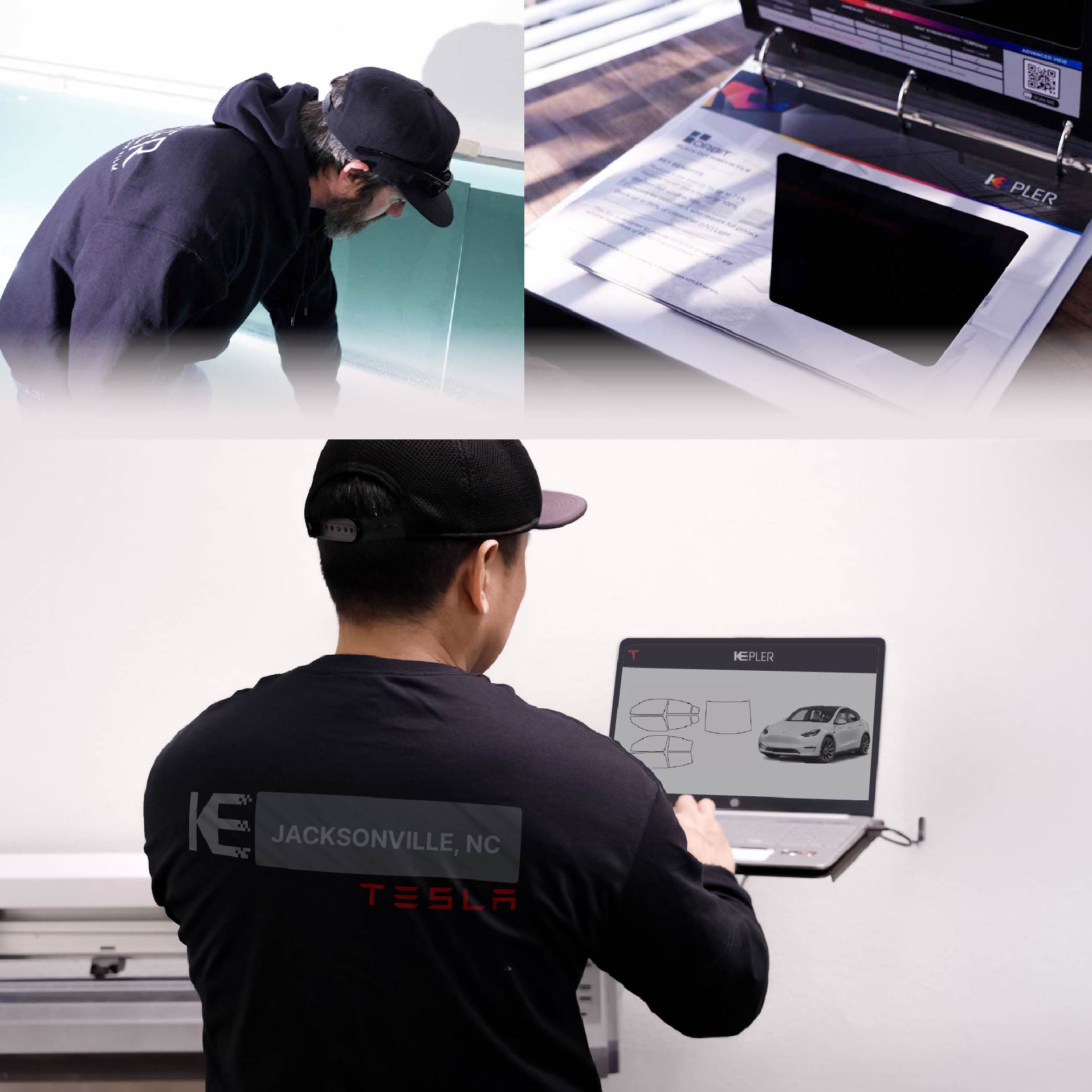 Kepler Technician Installing Advanced Window Tint to Tesla in Jacksonville