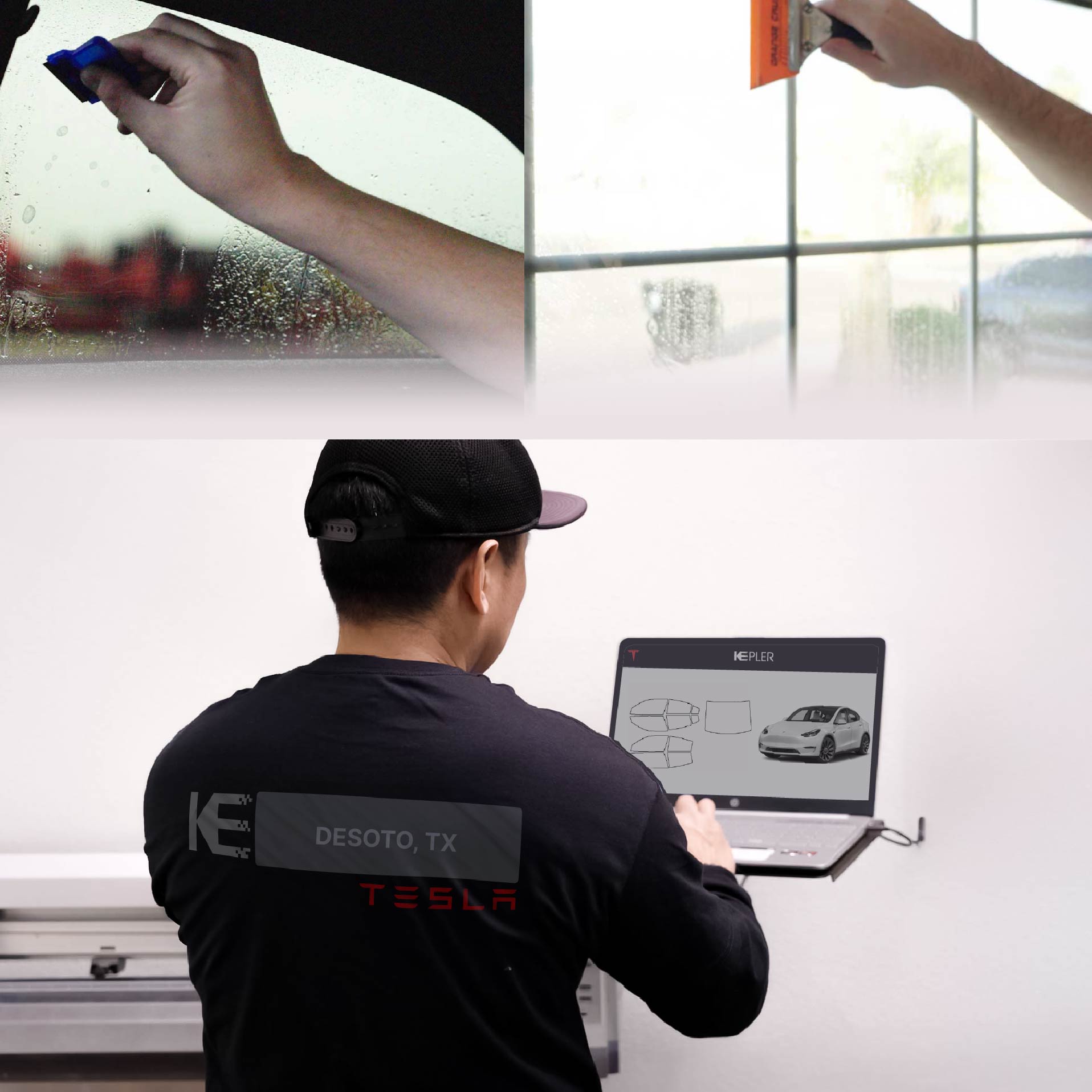 Expert Technician Applying Ceramic Window Tint to Tesla in DeSoto