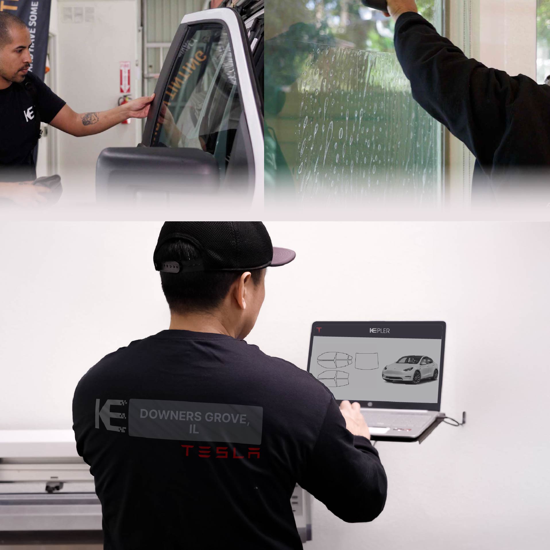 Expert Technician Fitting Ceramic Window Tint to Tesla in Downers Grove