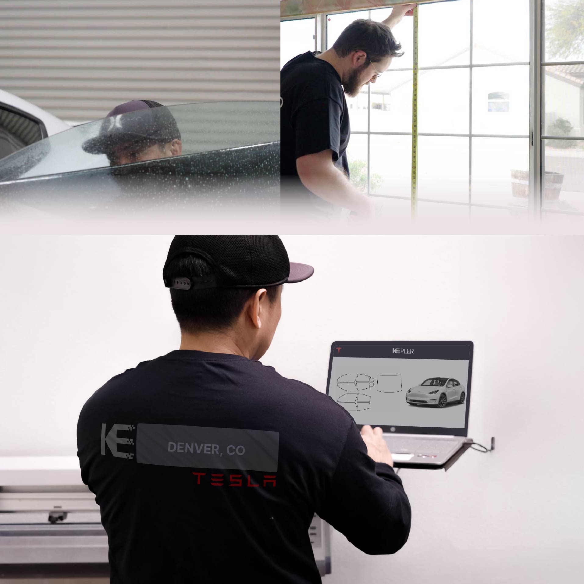 Expert Technician Installing High-tech Window Tint to Tesla in Denver