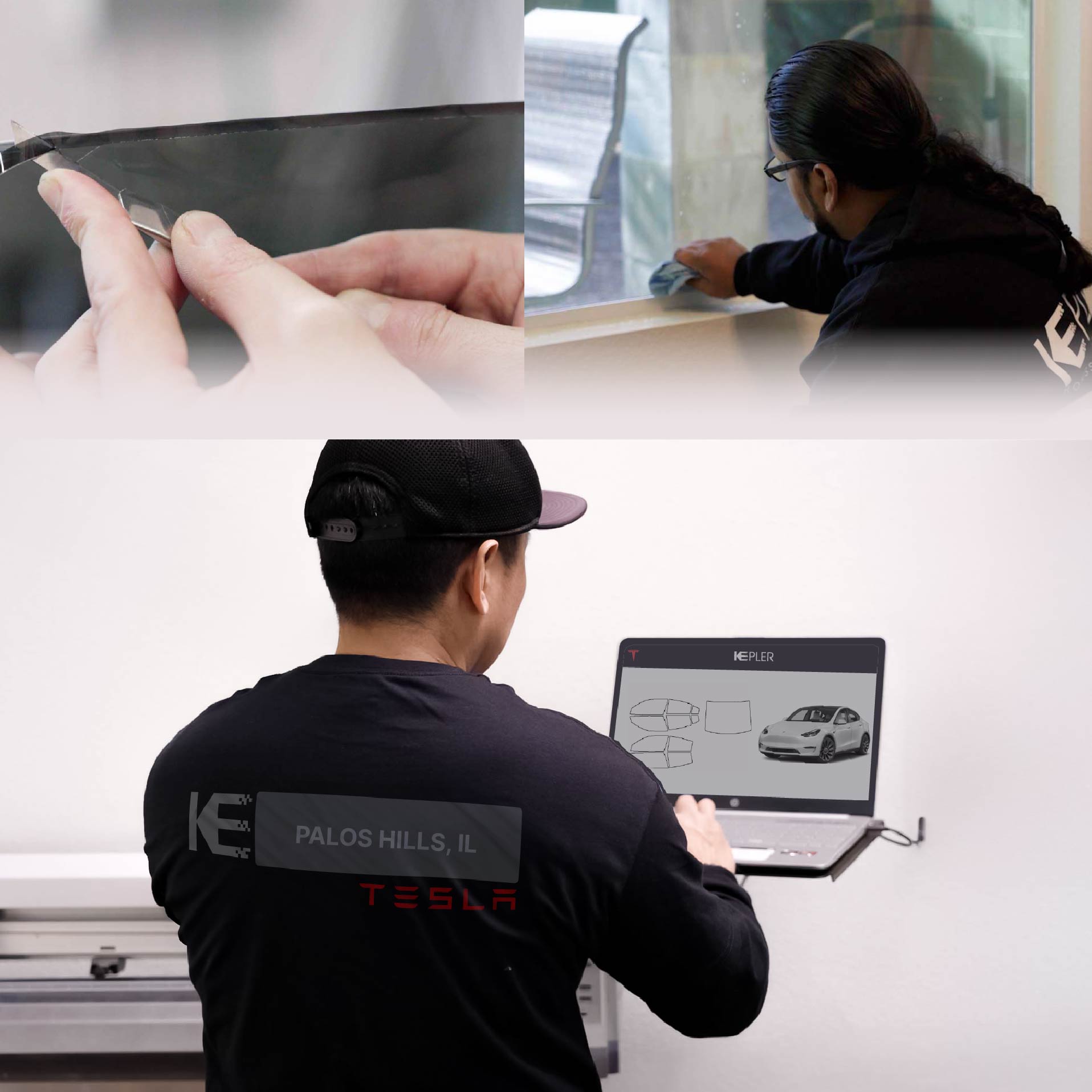 Kepler Technician Fitting High-tech Window Tint to Tesla in Palos Hills