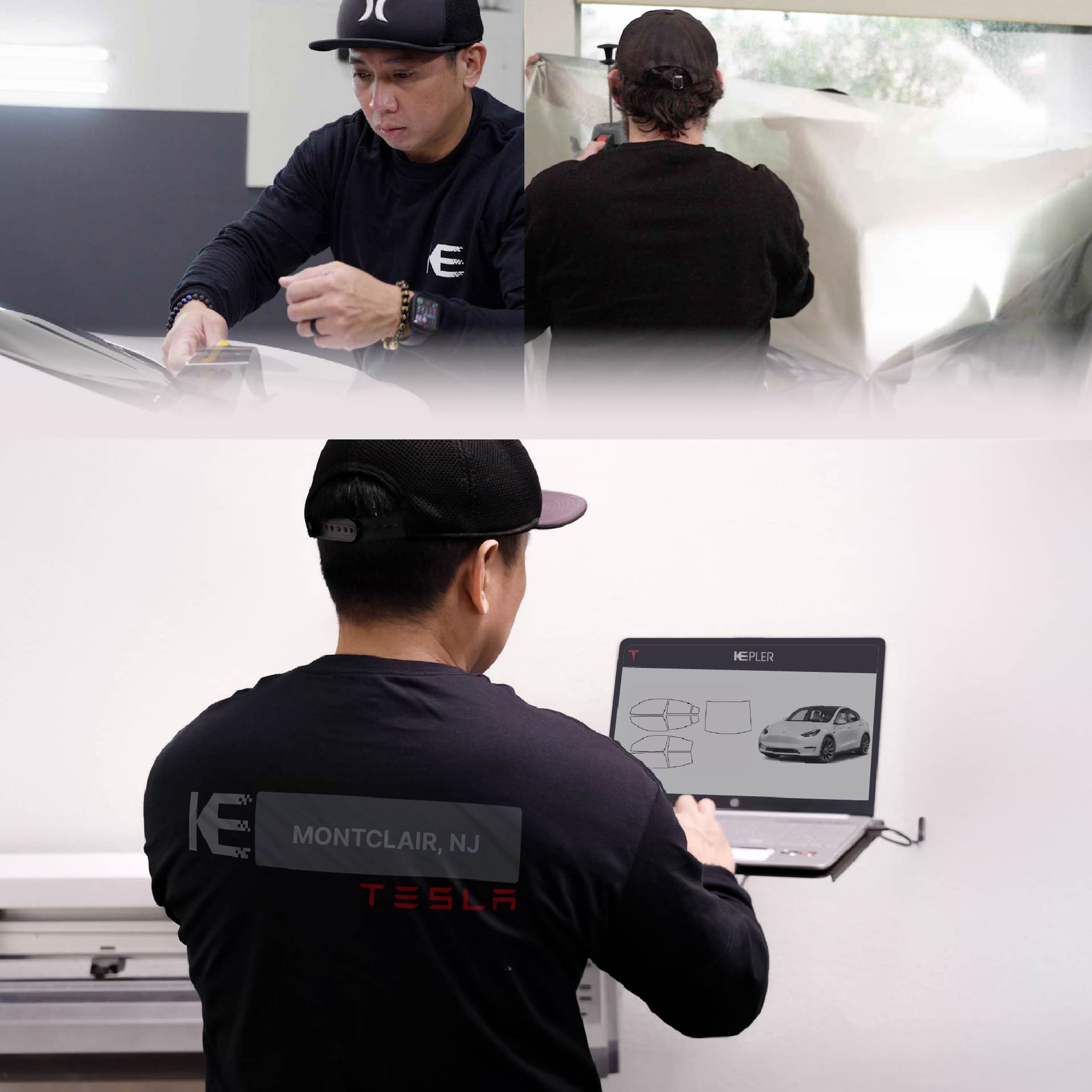 Kepler Technician Fitting Advanced Window Tint to Tesla in Montclair
