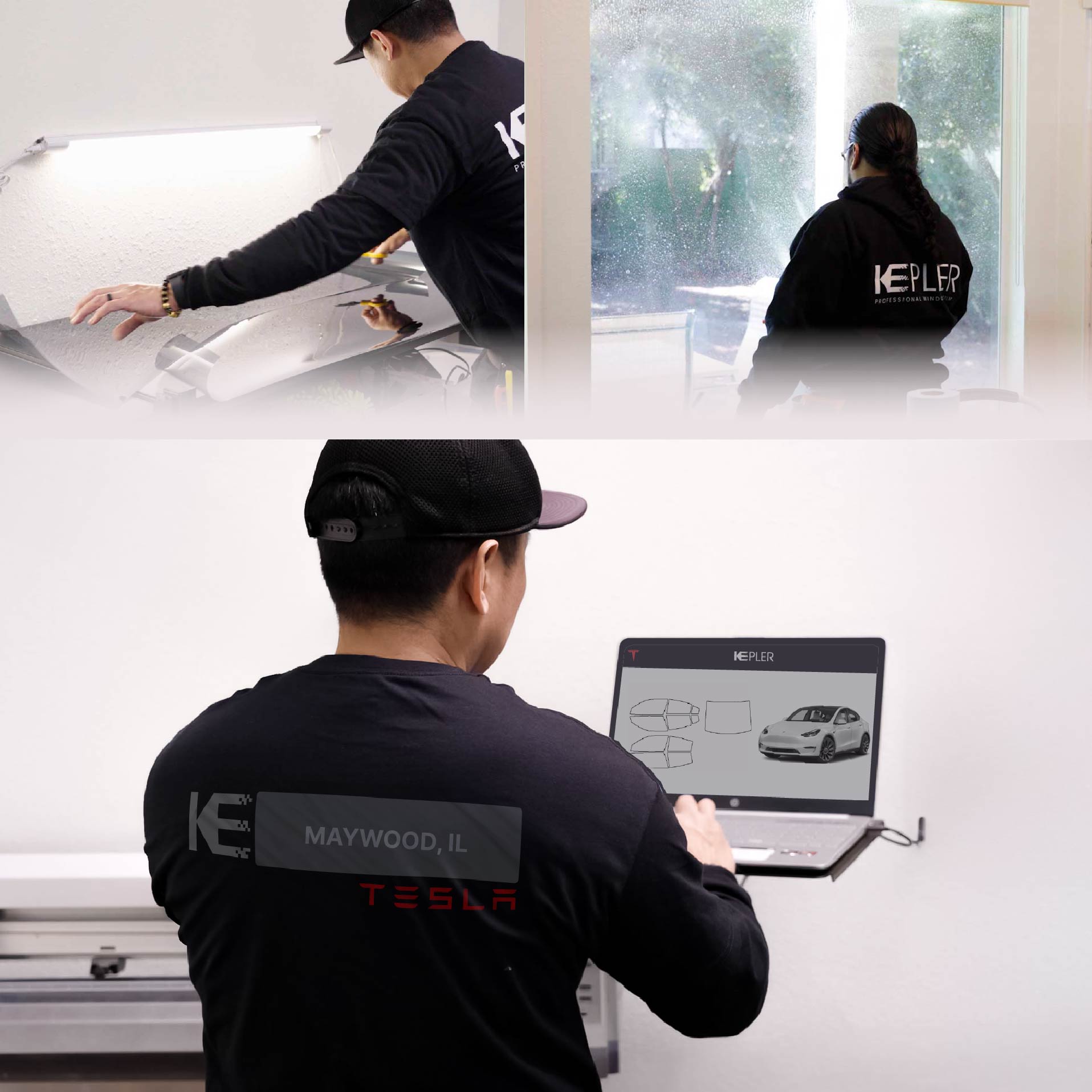 Expert Technician Applying Ceramic Window Tint to Tesla in Maywood