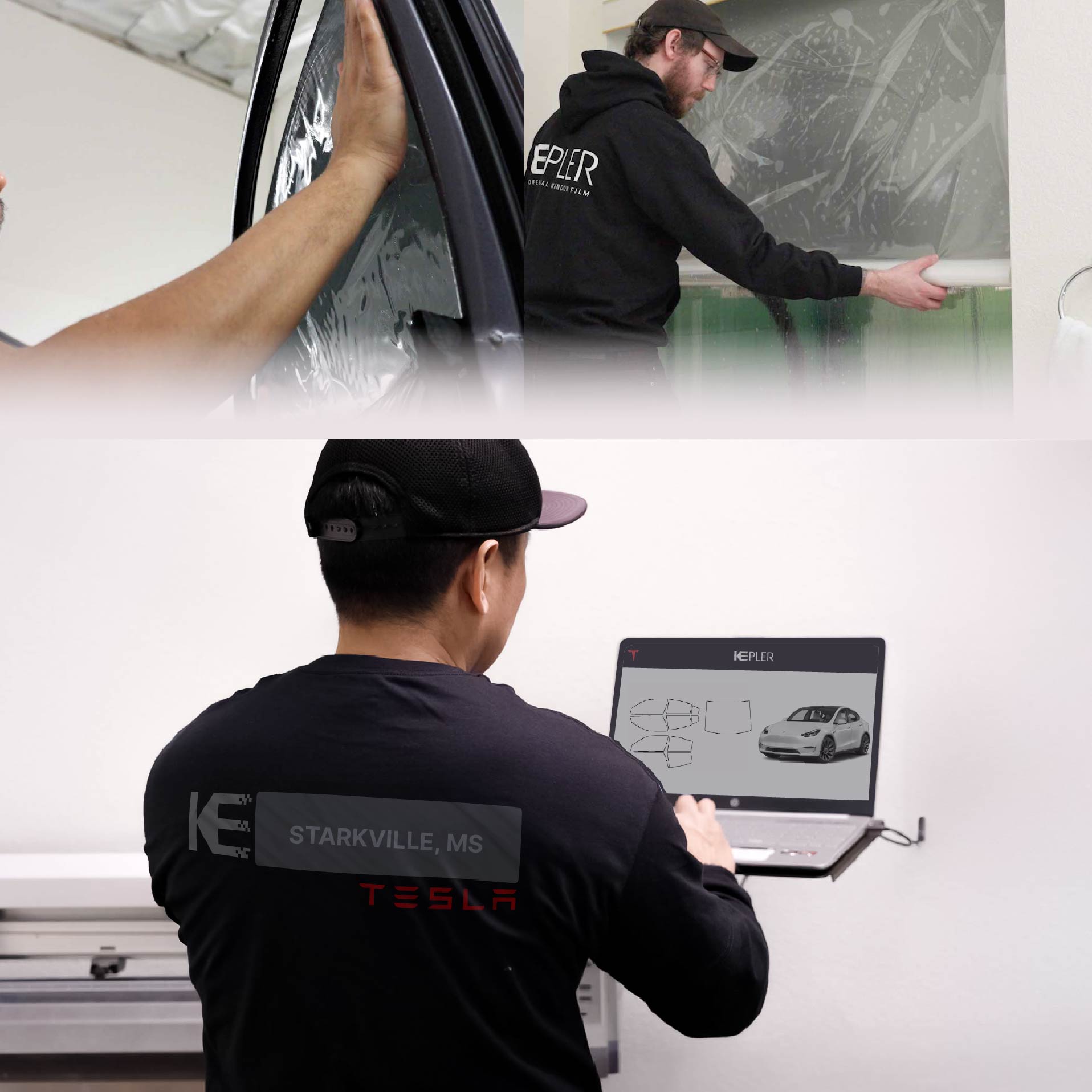 Kepler Technician Fitting Advanced Window Tint to Tesla in Starkville