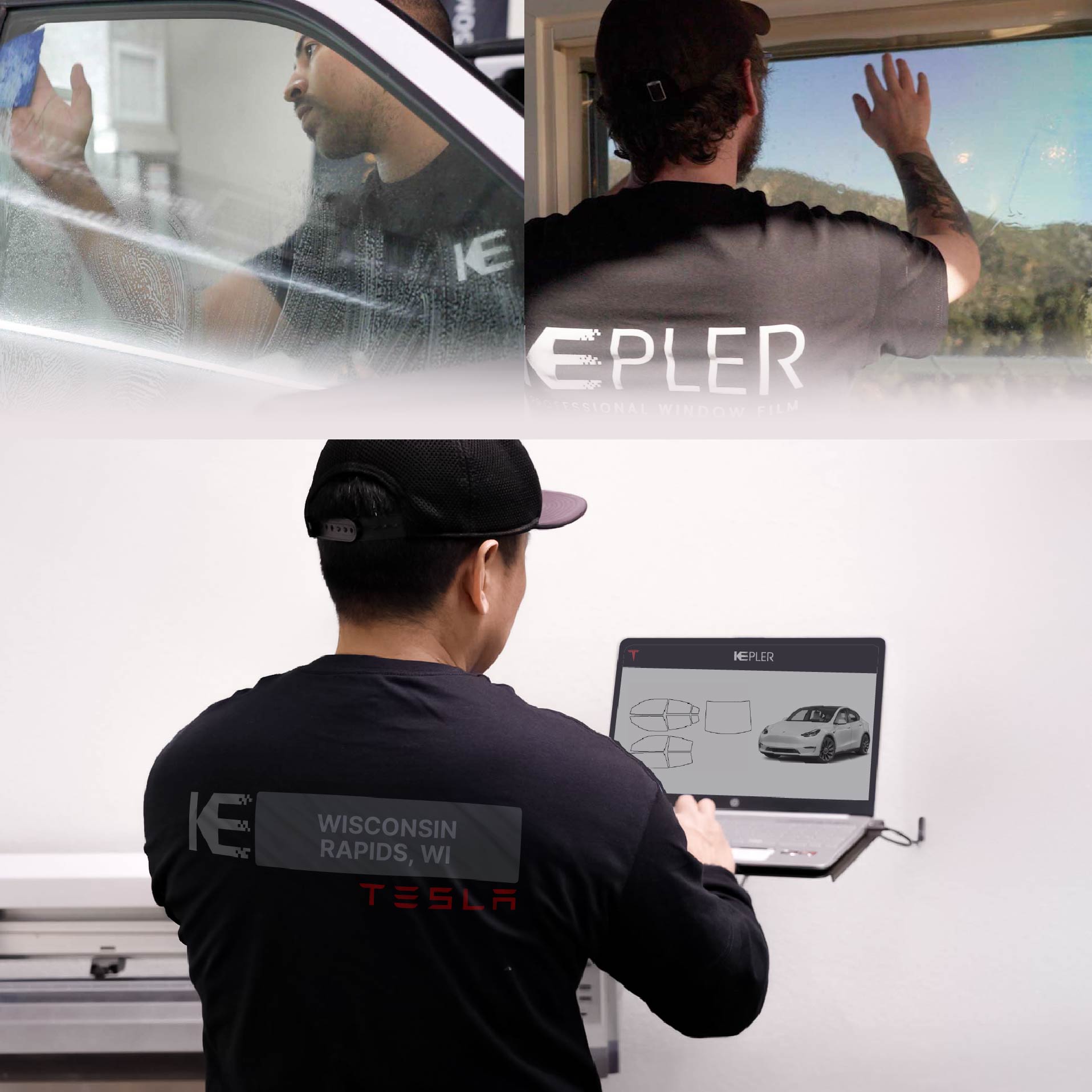 Expert Technician Fitting Advanced Window Tint to Tesla in Wisconsin Rapids