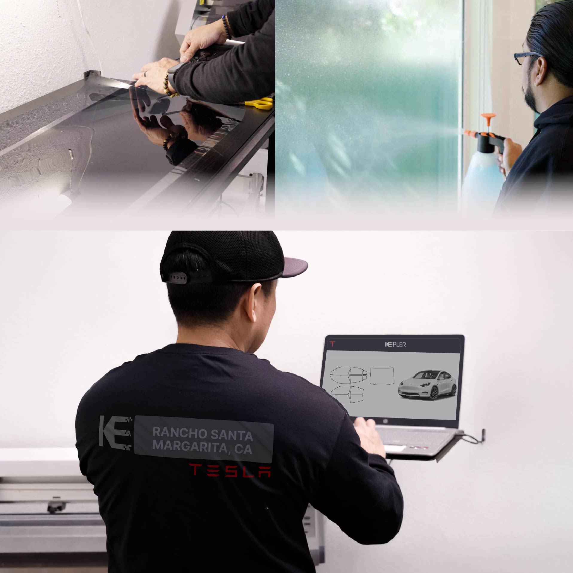 Expert Technician Fitting Ceramic Window Tint to Tesla in Rancho Santa Margarita