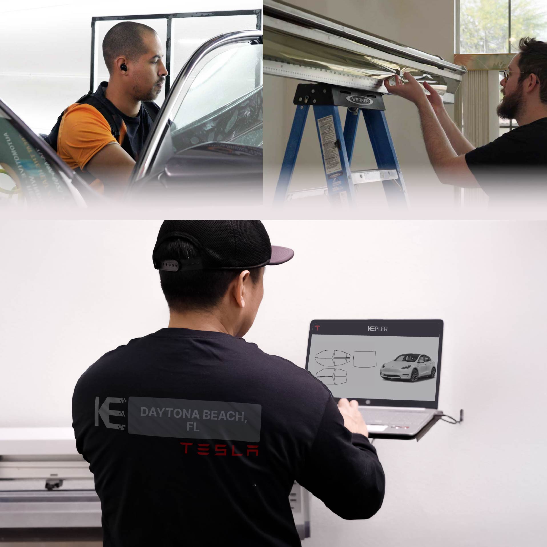 Kepler Technician Installing Ceramic Window Tint to Tesla in Daytona Beach
