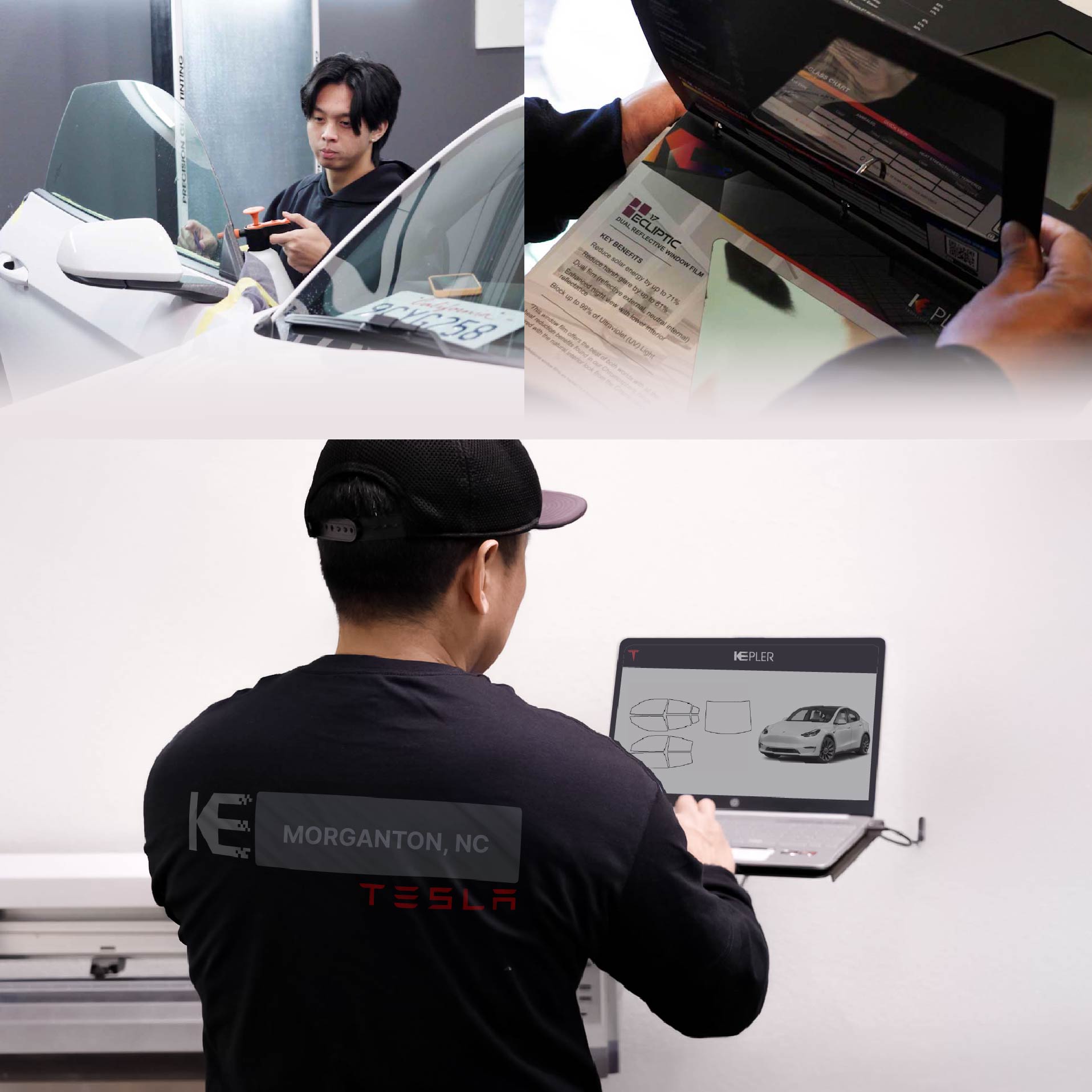 Kepler Technician Installing High-tech Window Tint to Tesla in Morganton