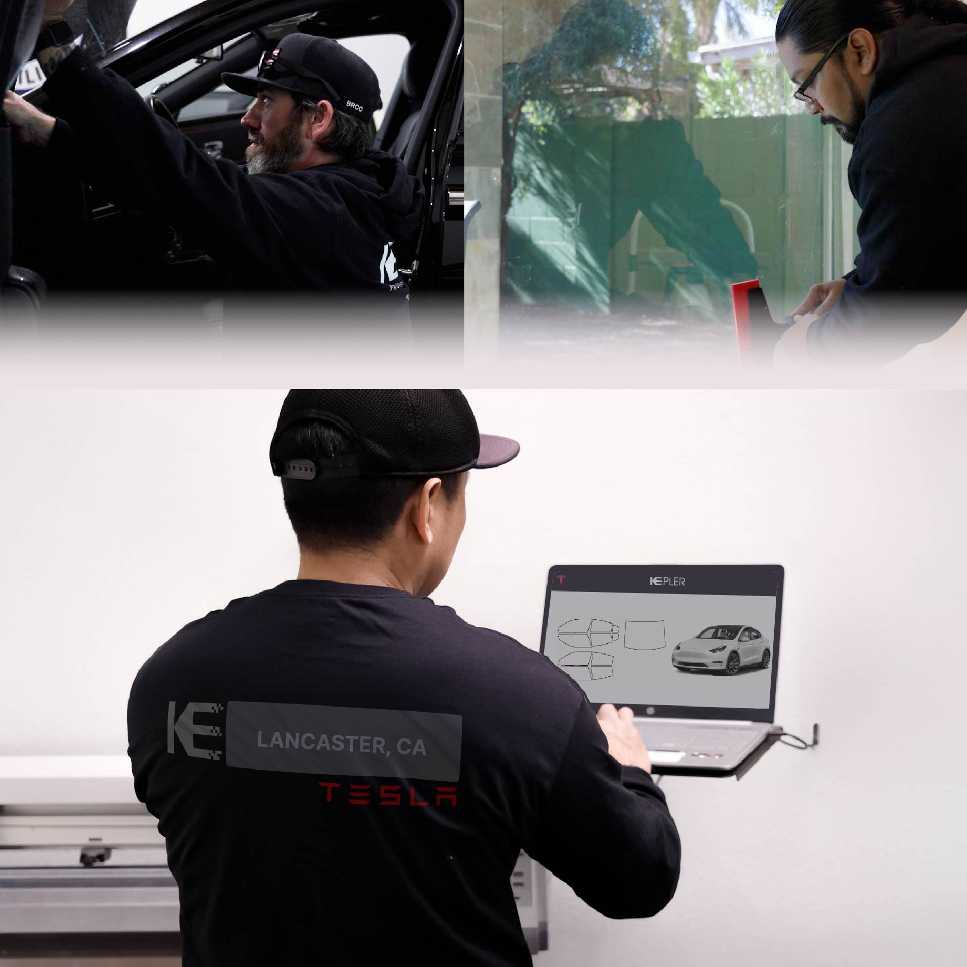 Expert Technician Applying High-tech Window Tint to Tesla in Lancaster