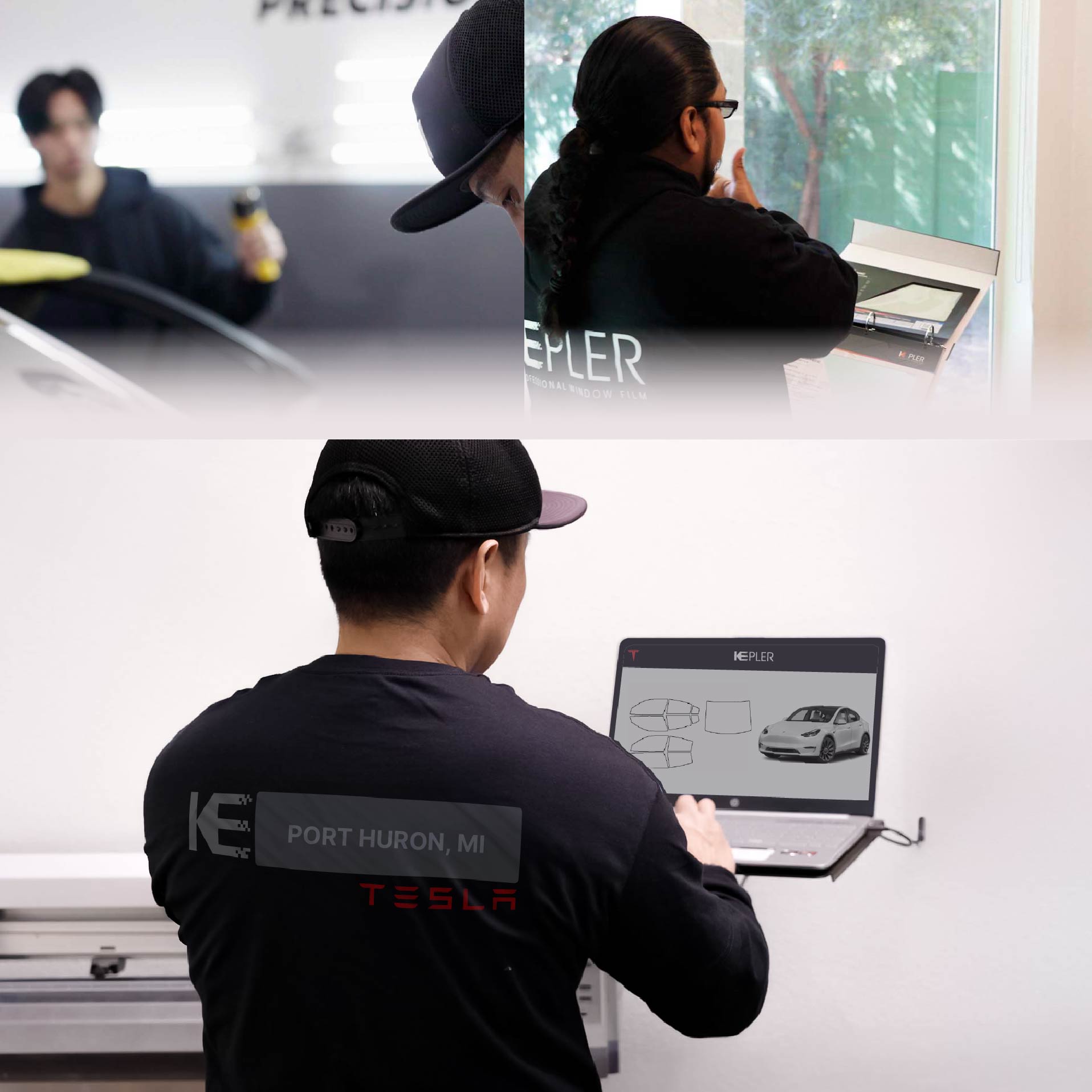 Kepler Technician Installing High-tech Window Tint to Tesla in Port Huron