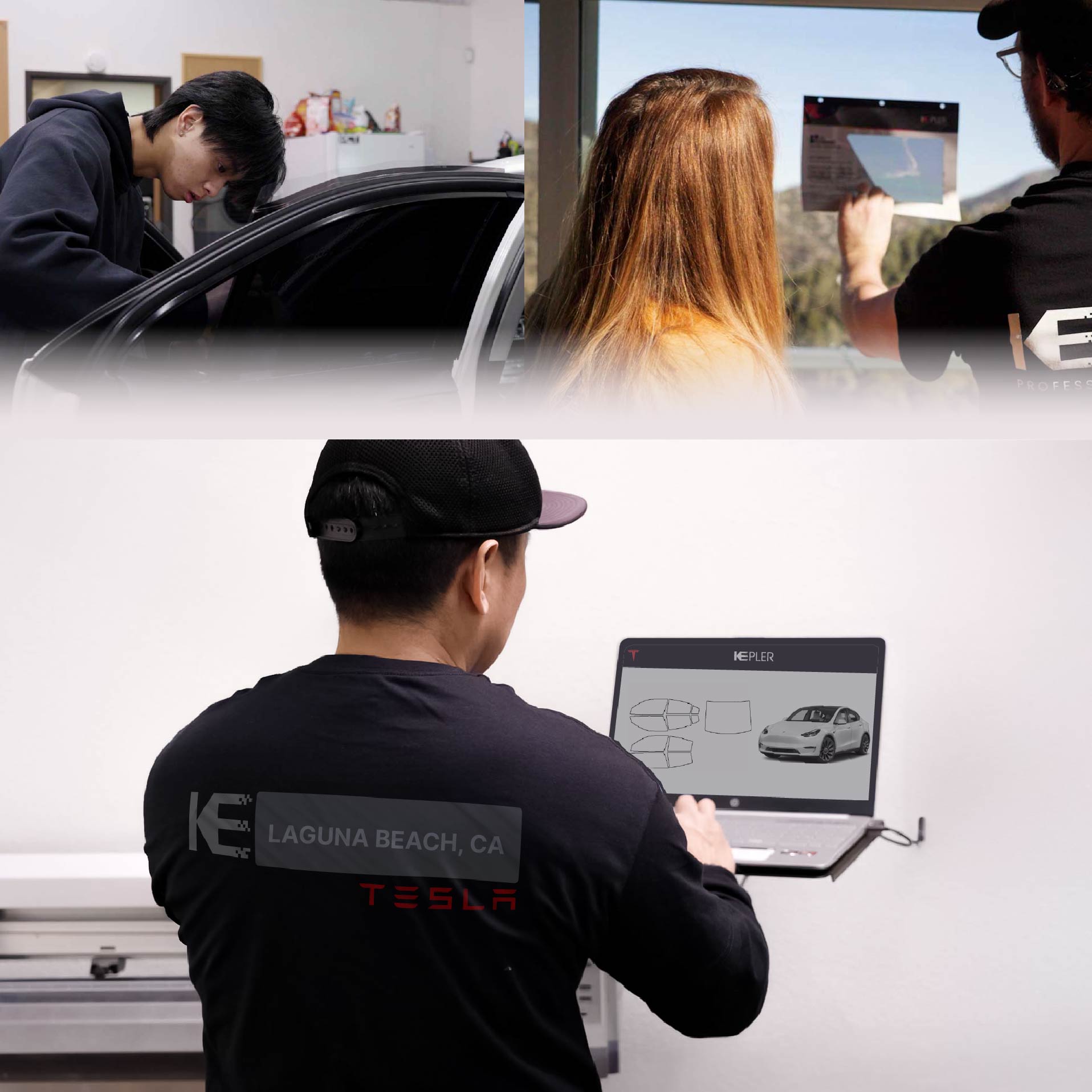 Kepler Technician Installing Ceramic Window Tint to Tesla in Laguna Beach