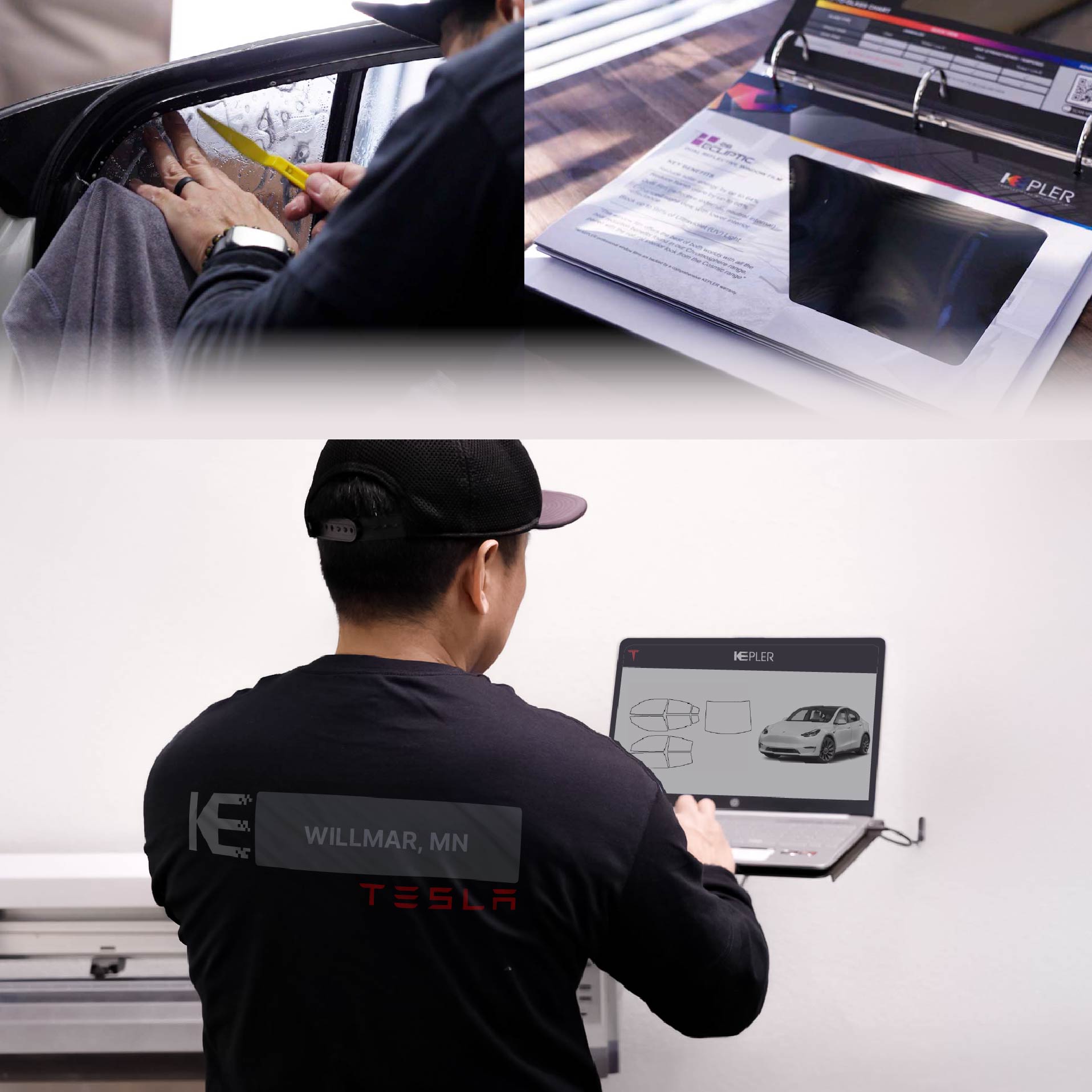 Expert Technician Installing High-tech Window Tint to Tesla in Willmar