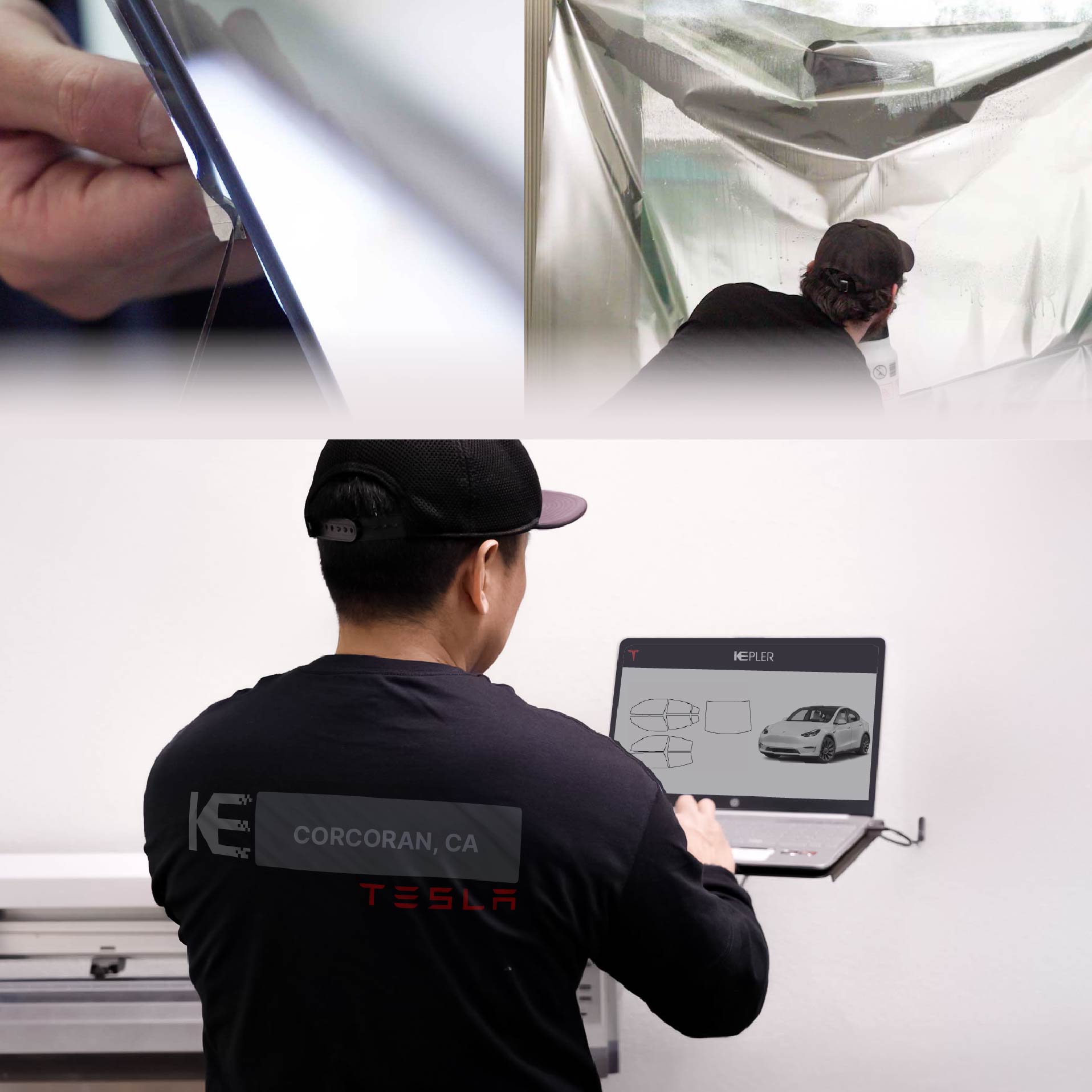 Expert Technician Fitting Ceramic Window Tint to Tesla in Corcoran
