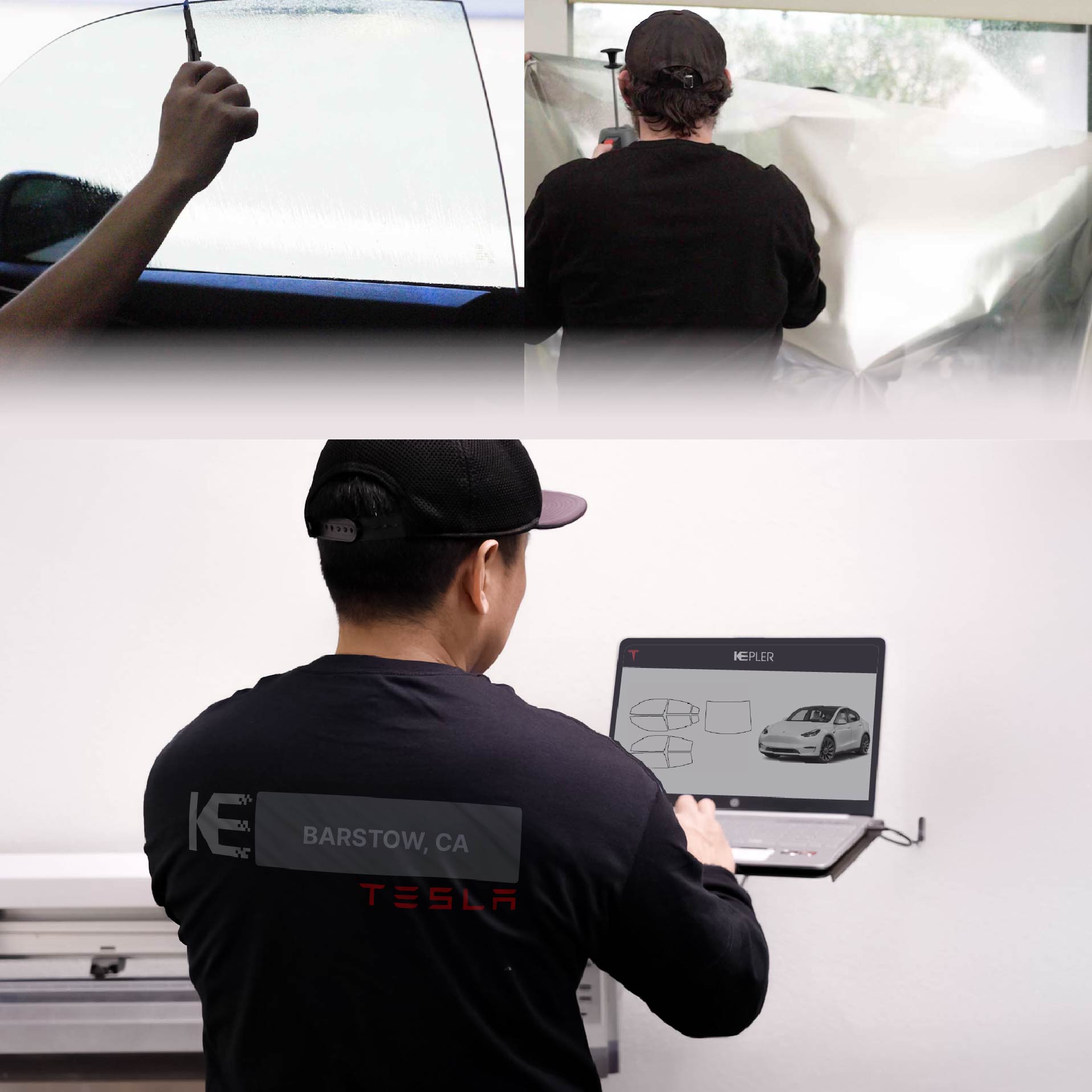 Kepler Technician Installing Ceramic Window Tint to Tesla in Barstow