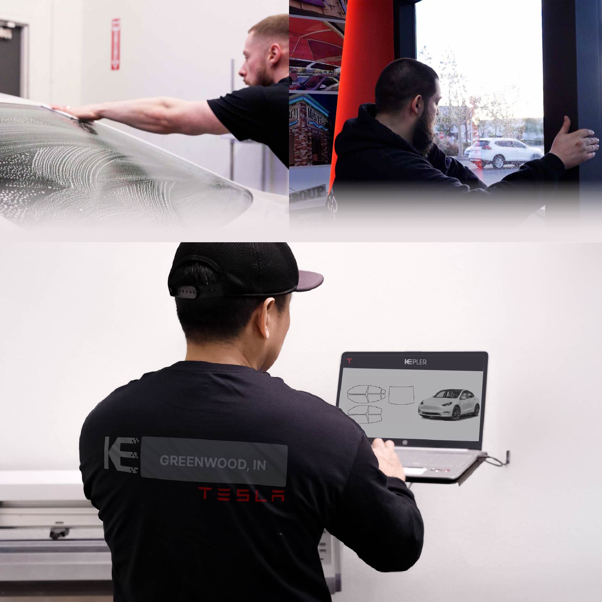 Kepler Technician Applying High-tech Window Tint to Tesla in Greenwood