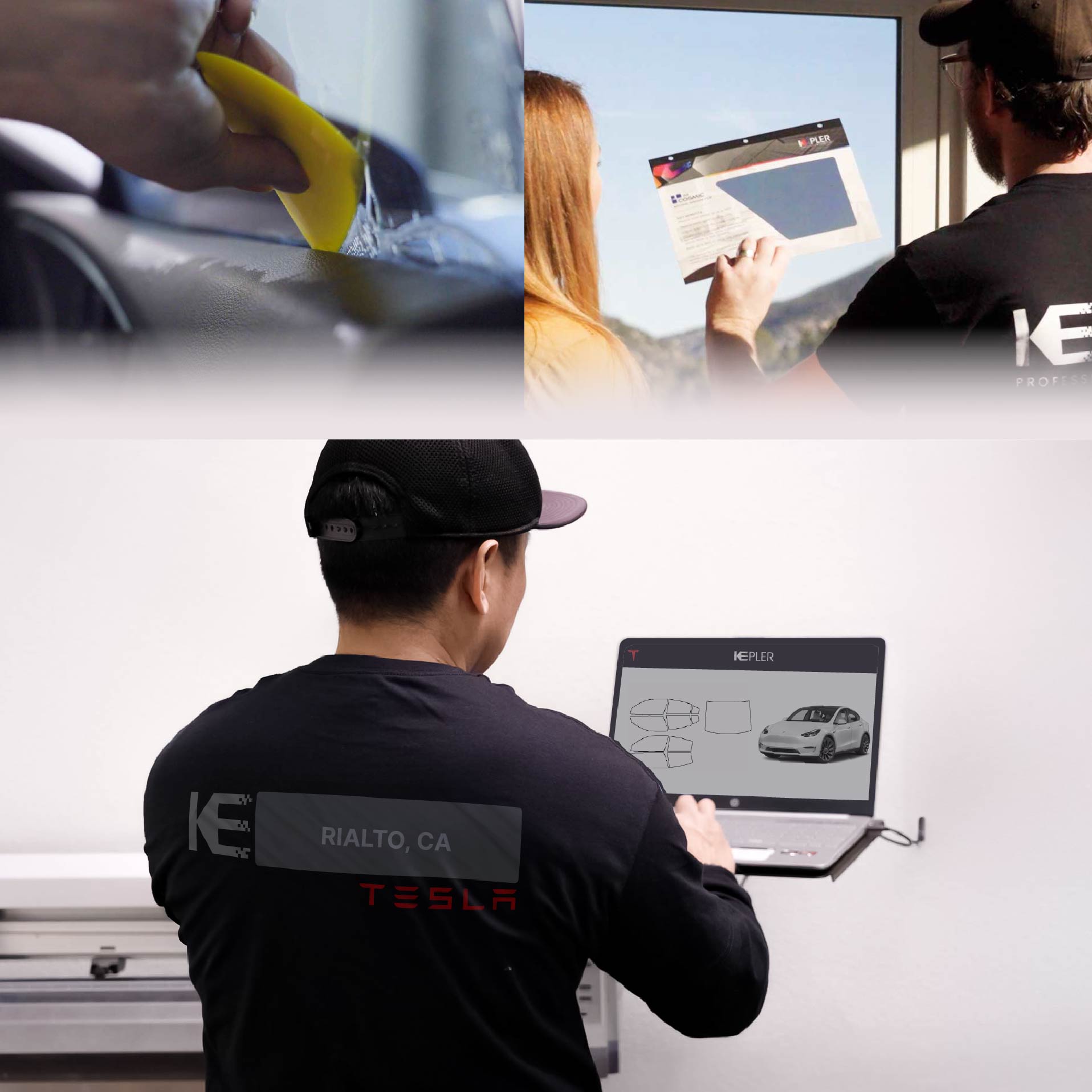 Kepler Technician Installing Ceramic Window Tint to Tesla in Rialto
