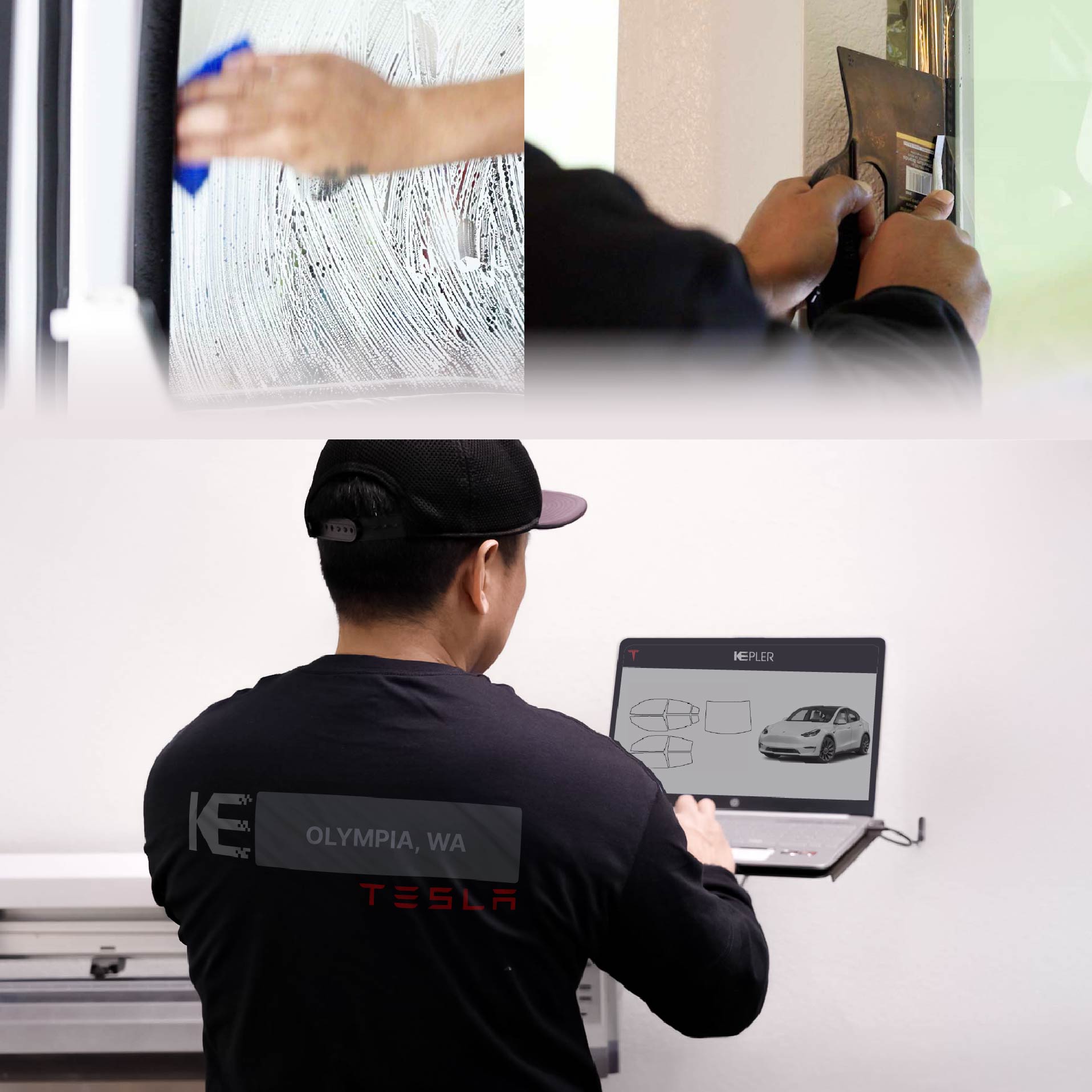 Expert Technician Applying Advanced Window Tint to Tesla in Olympia