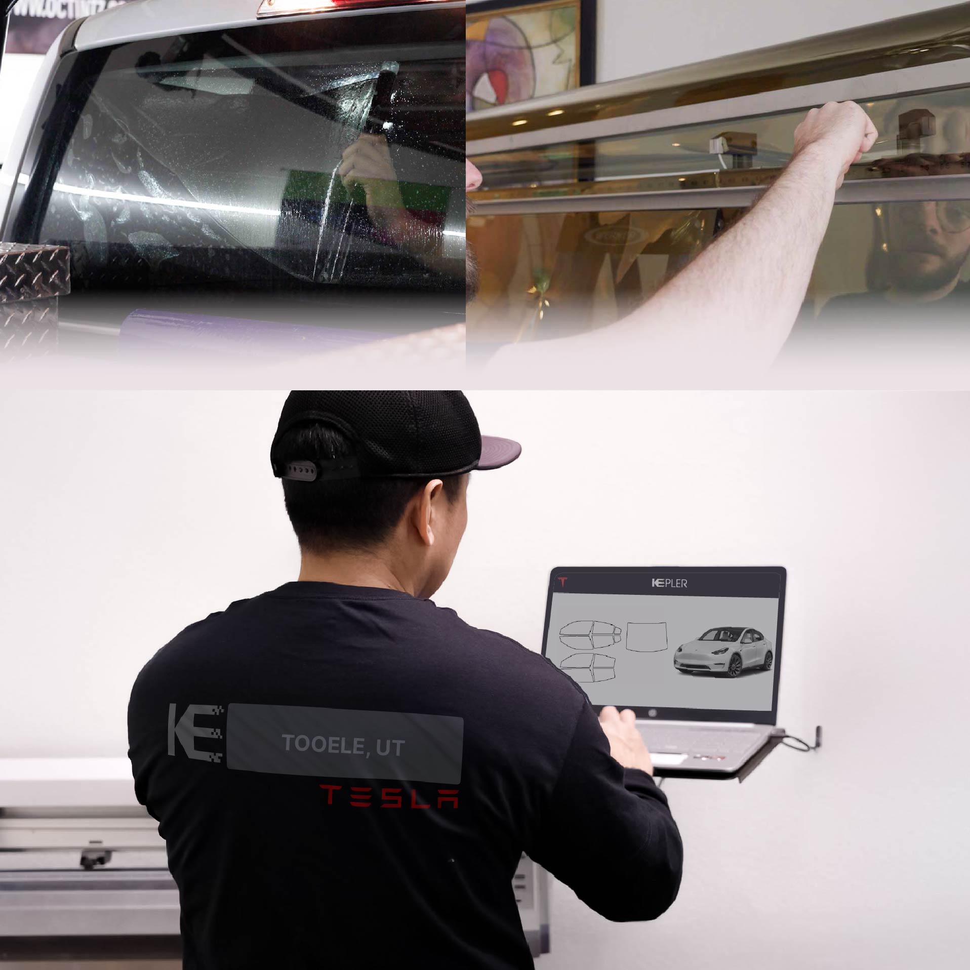 Kepler Technician Applying Advanced Window Tint to Tesla in Tooele
