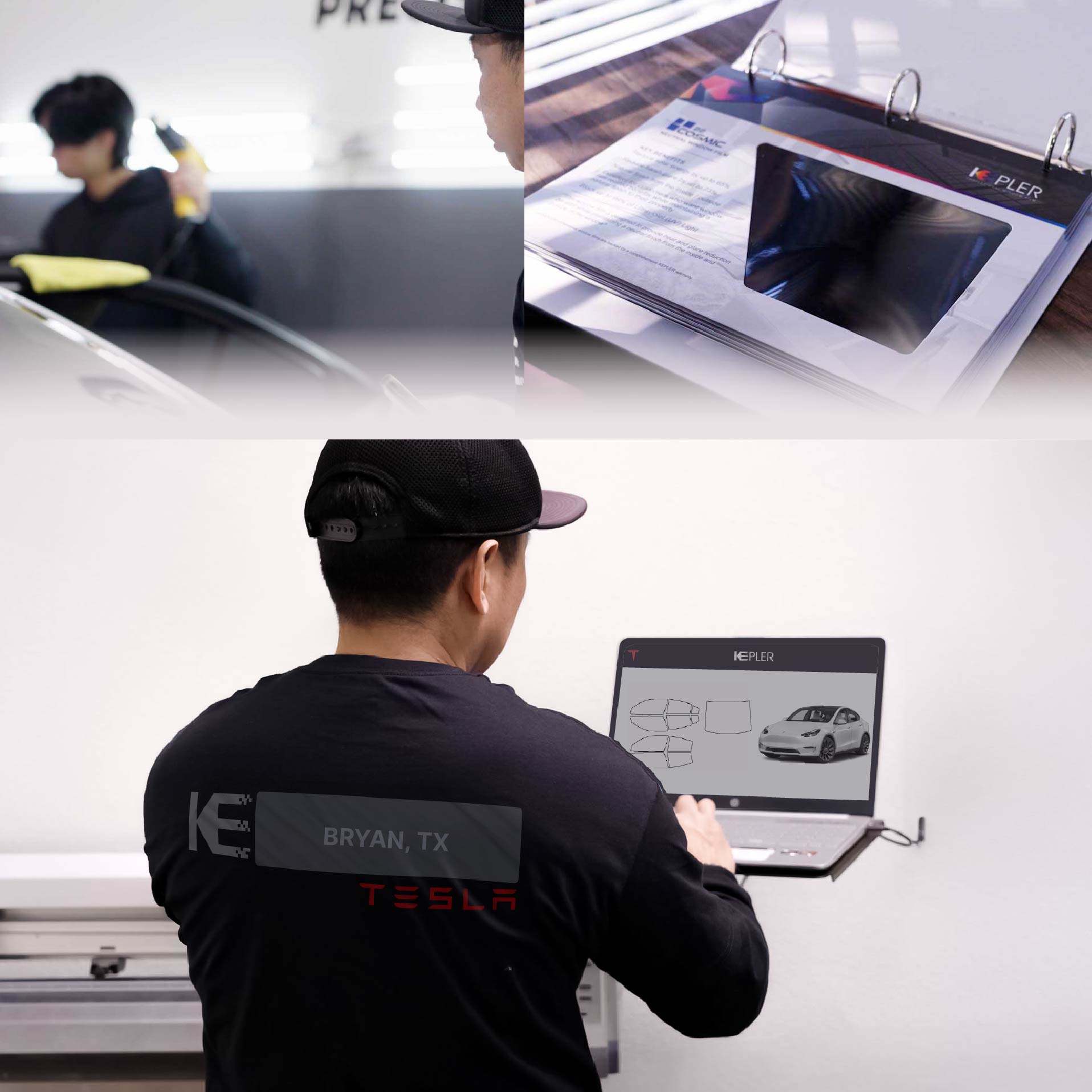 Kepler Technician Installing High-tech Window Tint to Tesla in Bryan