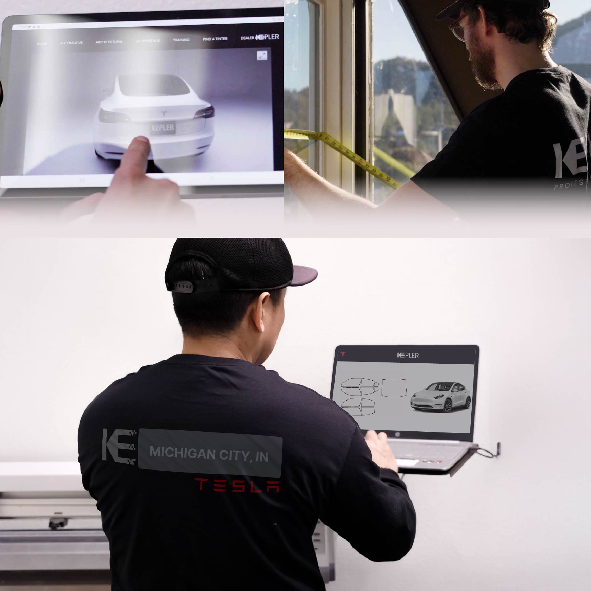 Expert Technician Applying Advanced Window Tint to Tesla in Michigan City