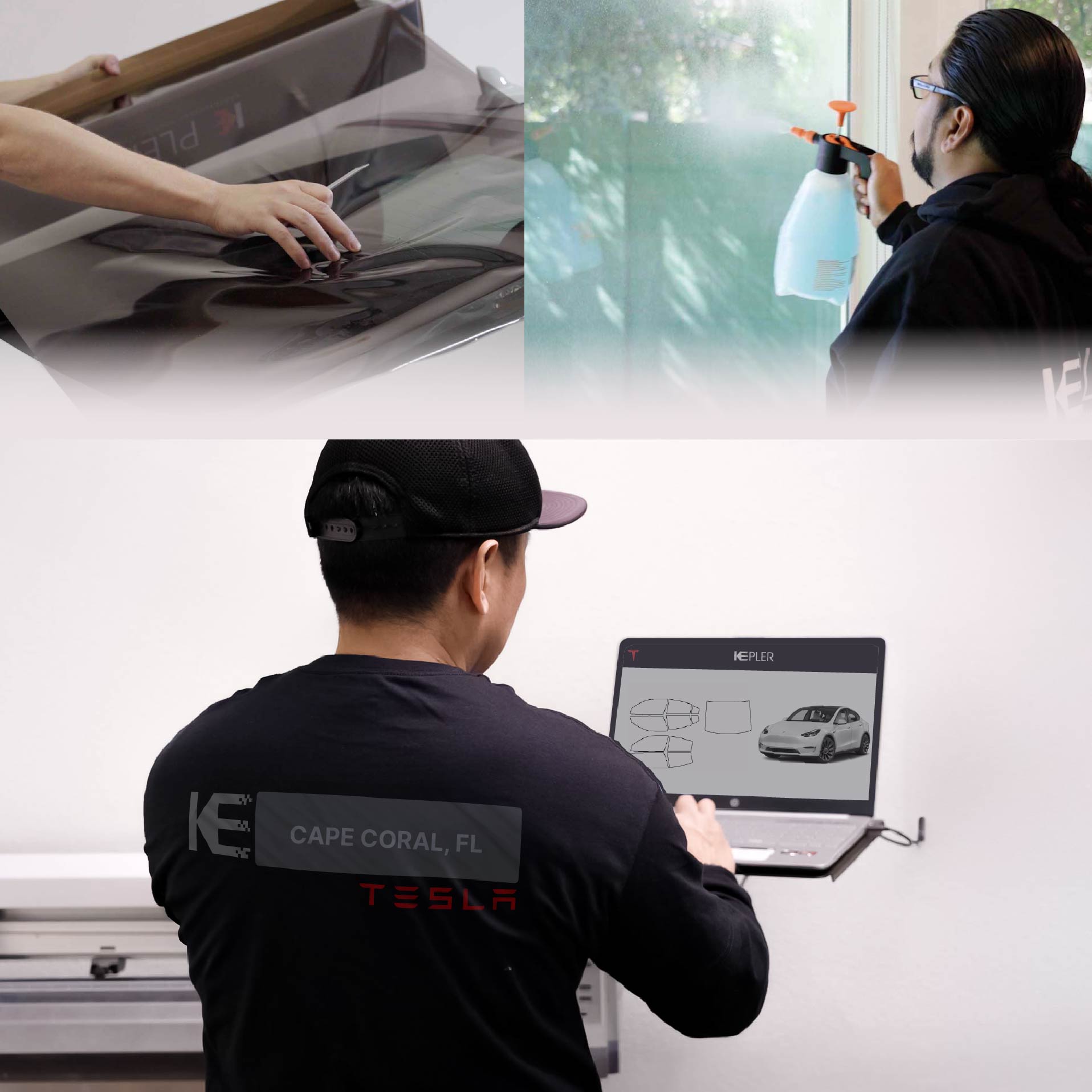 Kepler Technician Applying Advanced Window Tint to Tesla in Cape Coral