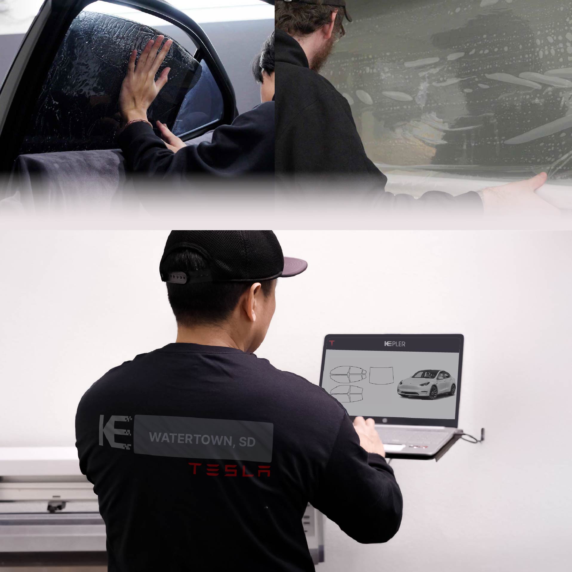 Expert Technician Applying Ceramic Window Tint to Tesla in Watertown