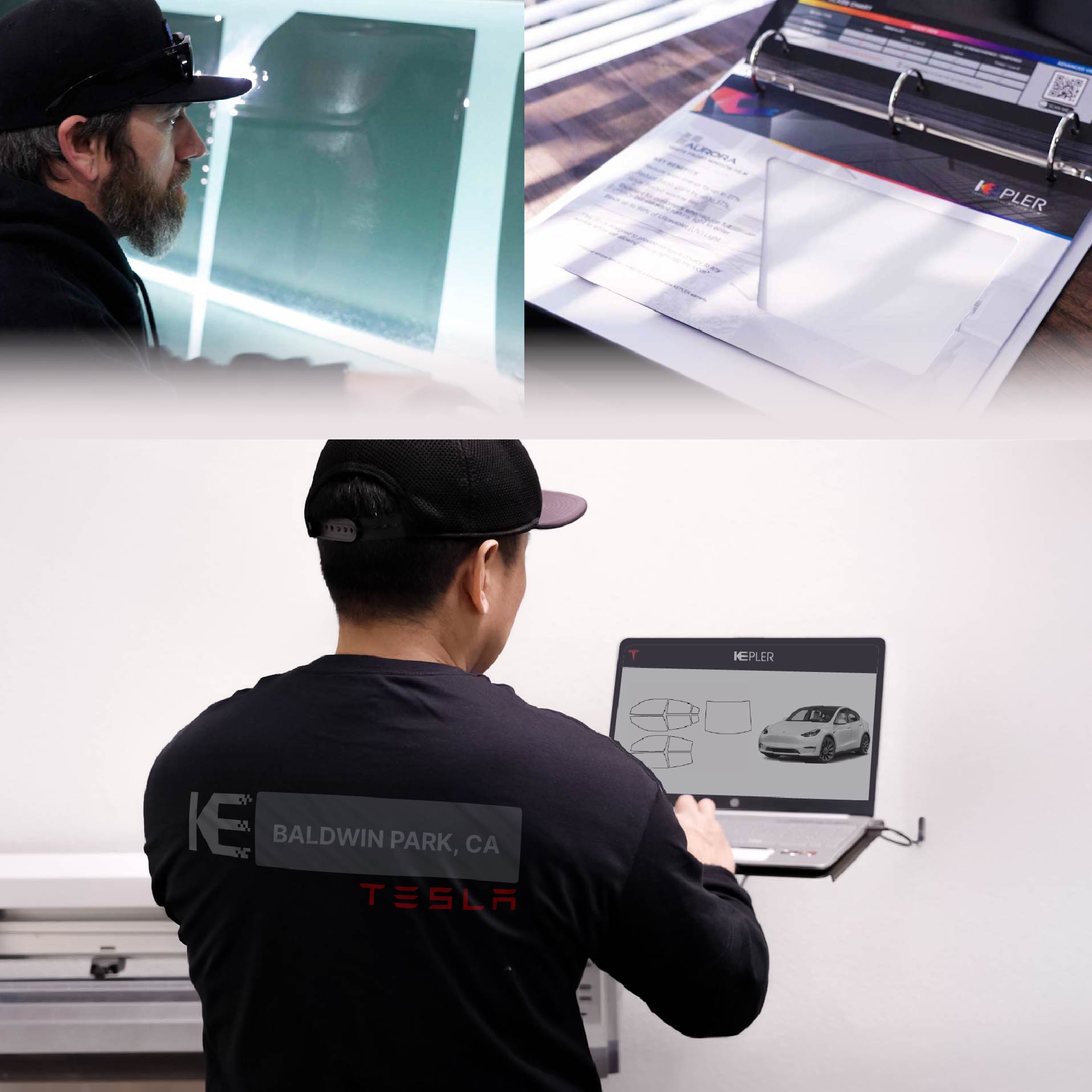 Expert Technician Fitting Advanced Window Tint to Tesla in Baldwin Park