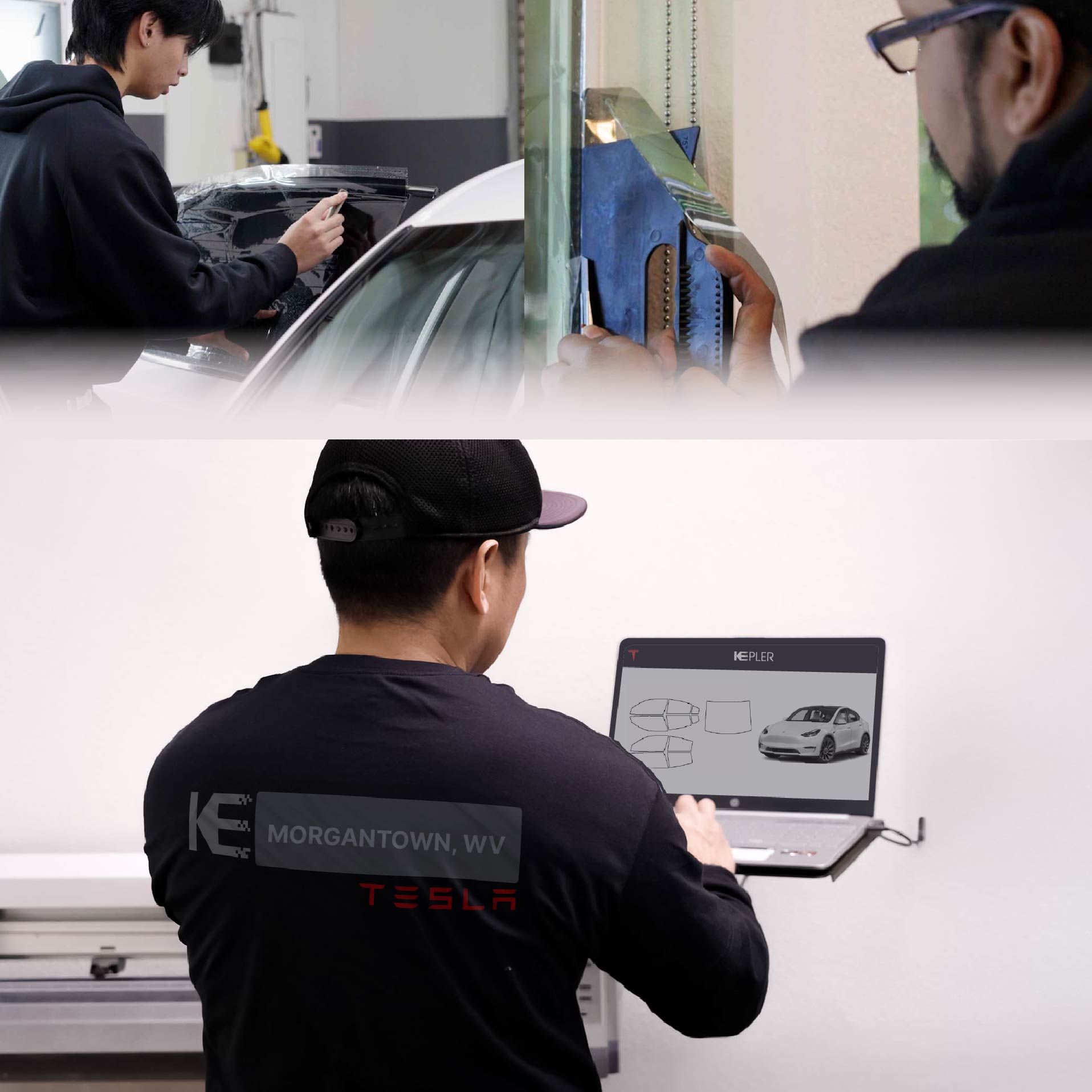 Expert Technician Applying High-tech Window Tint to Tesla in Morgantown
