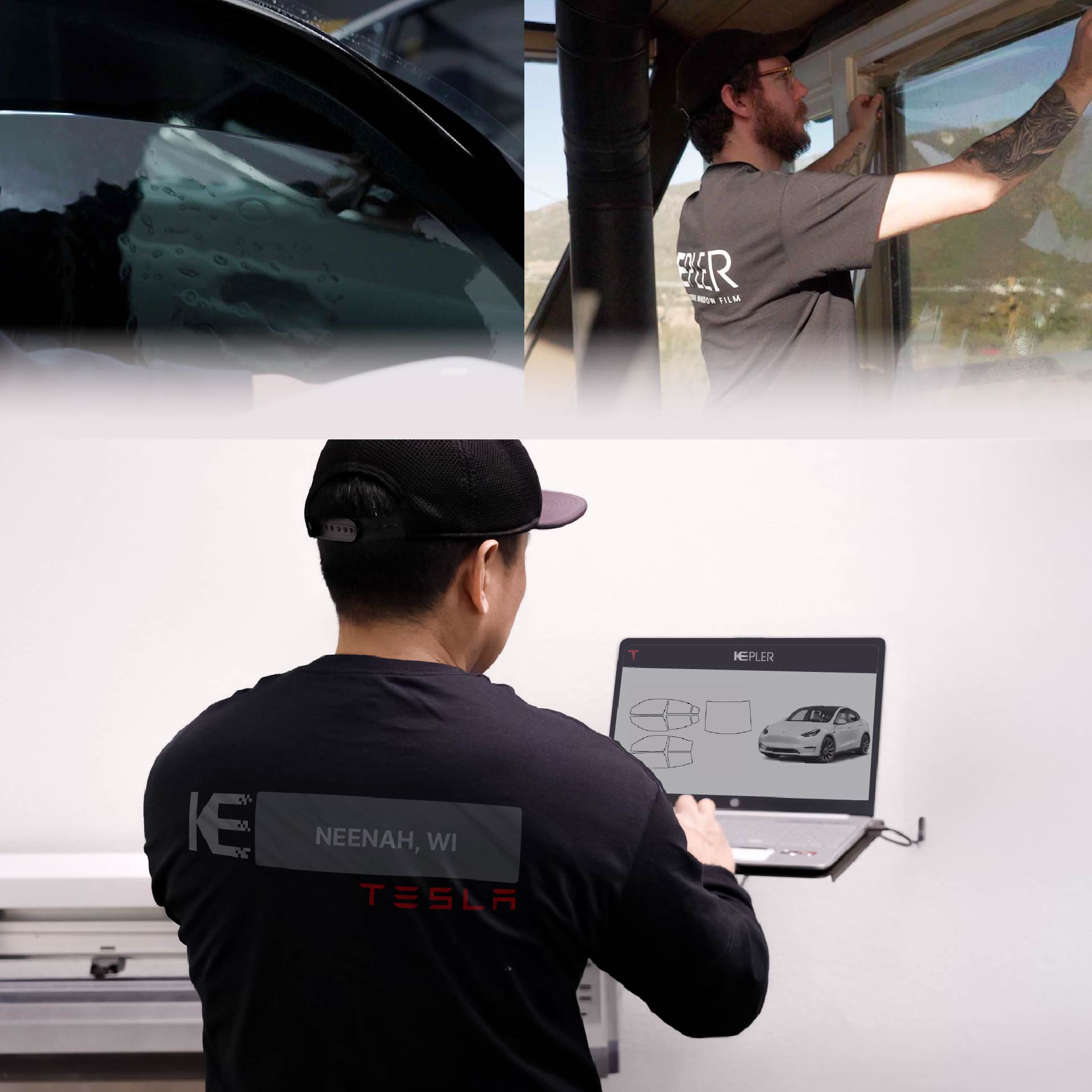 Expert Technician Installing High-tech Window Tint to Tesla in Neenah