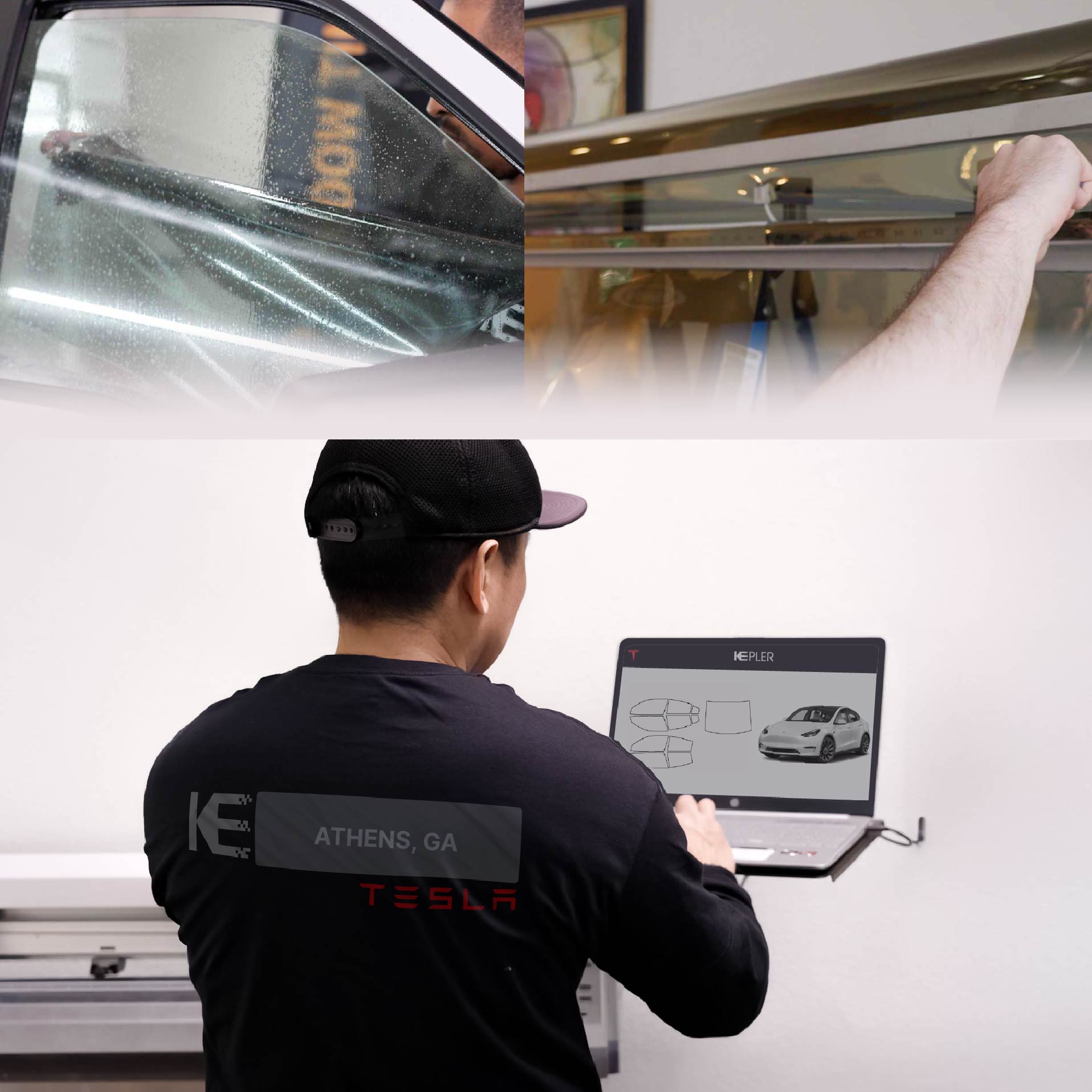Kepler Technician Fitting Advanced Window Tint to Tesla in Athens