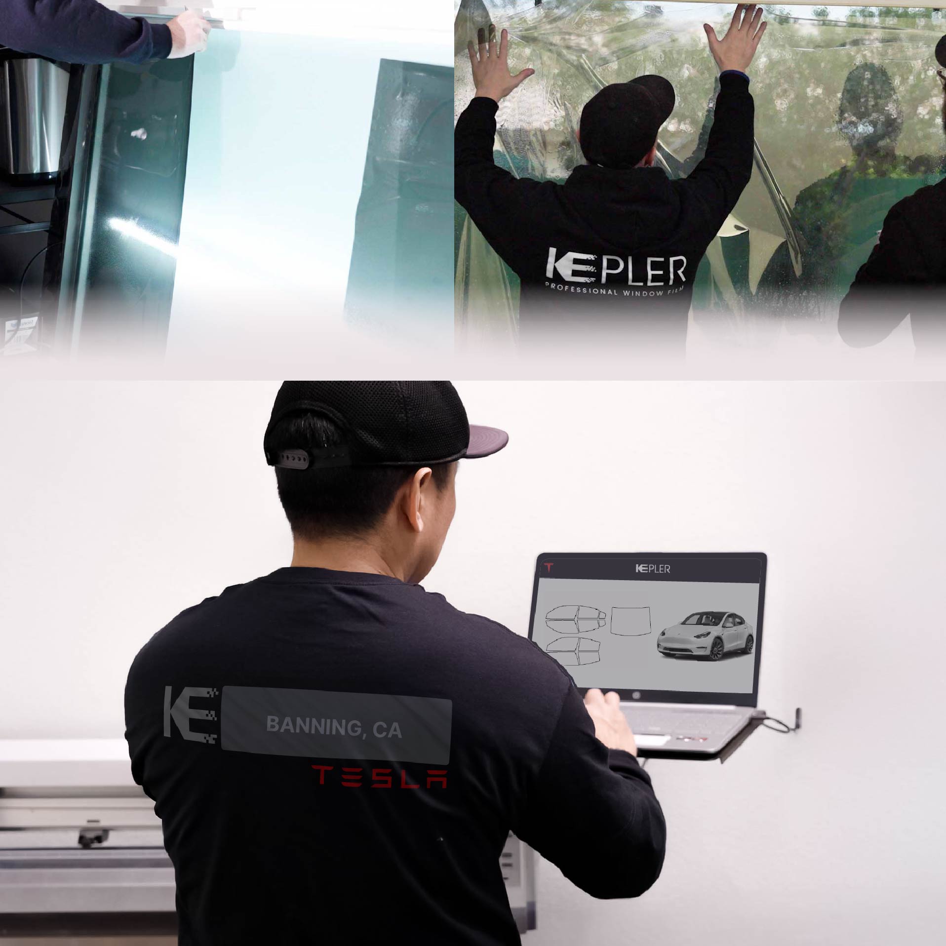 Kepler Technician Installing Advanced Window Tint to Tesla in Banning