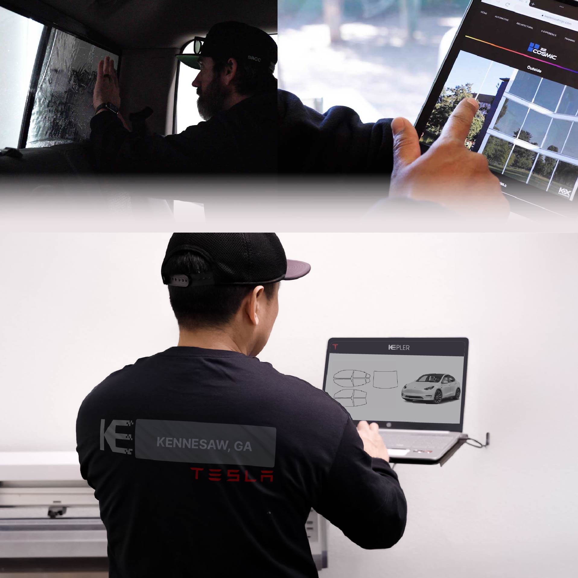 Kepler Technician Applying Ceramic Window Tint to Tesla in Kennesaw