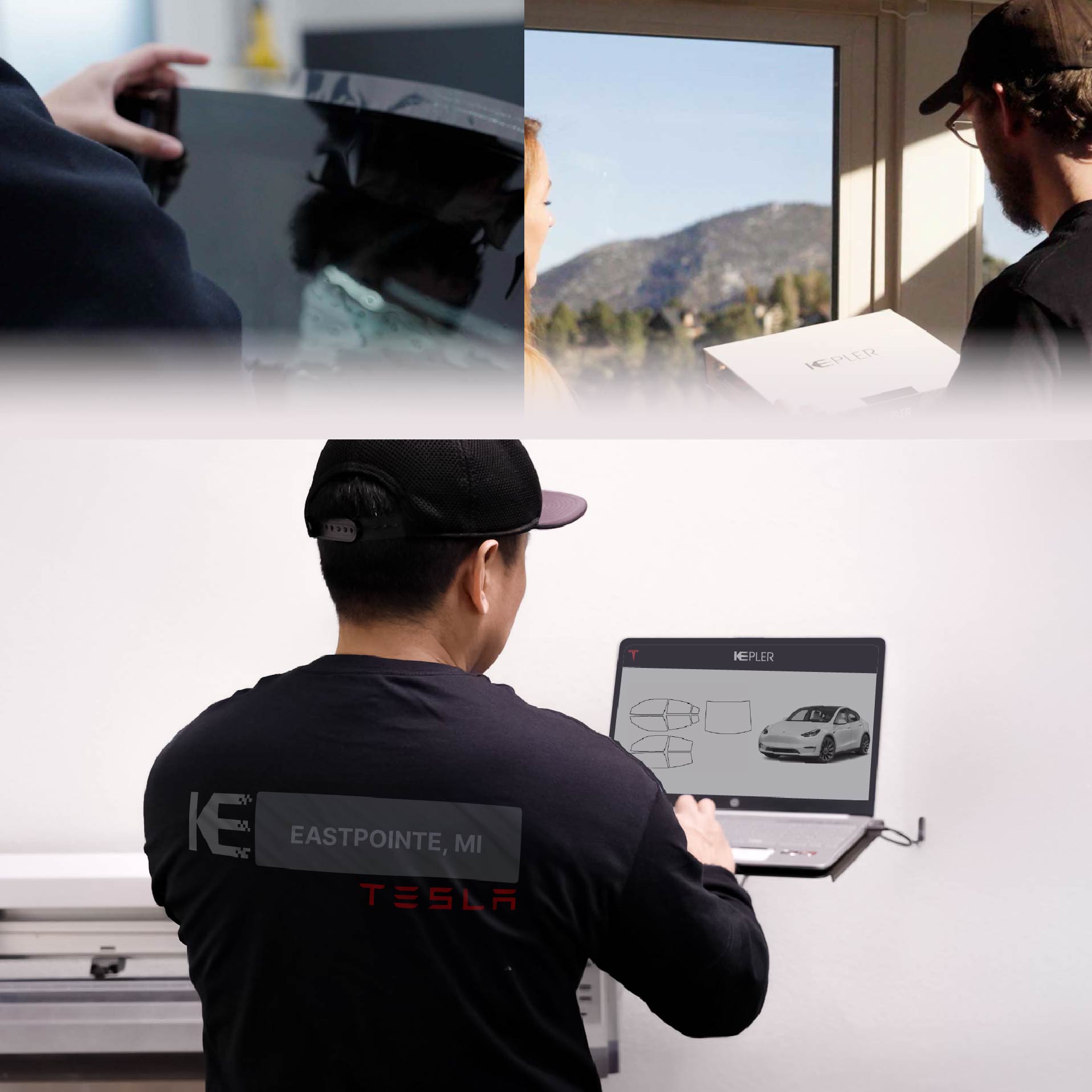 Kepler Technician Fitting Advanced Window Tint to Tesla in Eastpointe