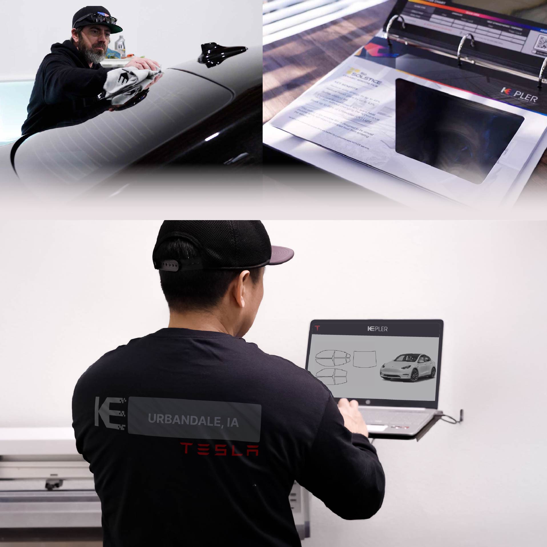 Kepler Technician Installing Advanced Window Tint to Tesla in Urbandale